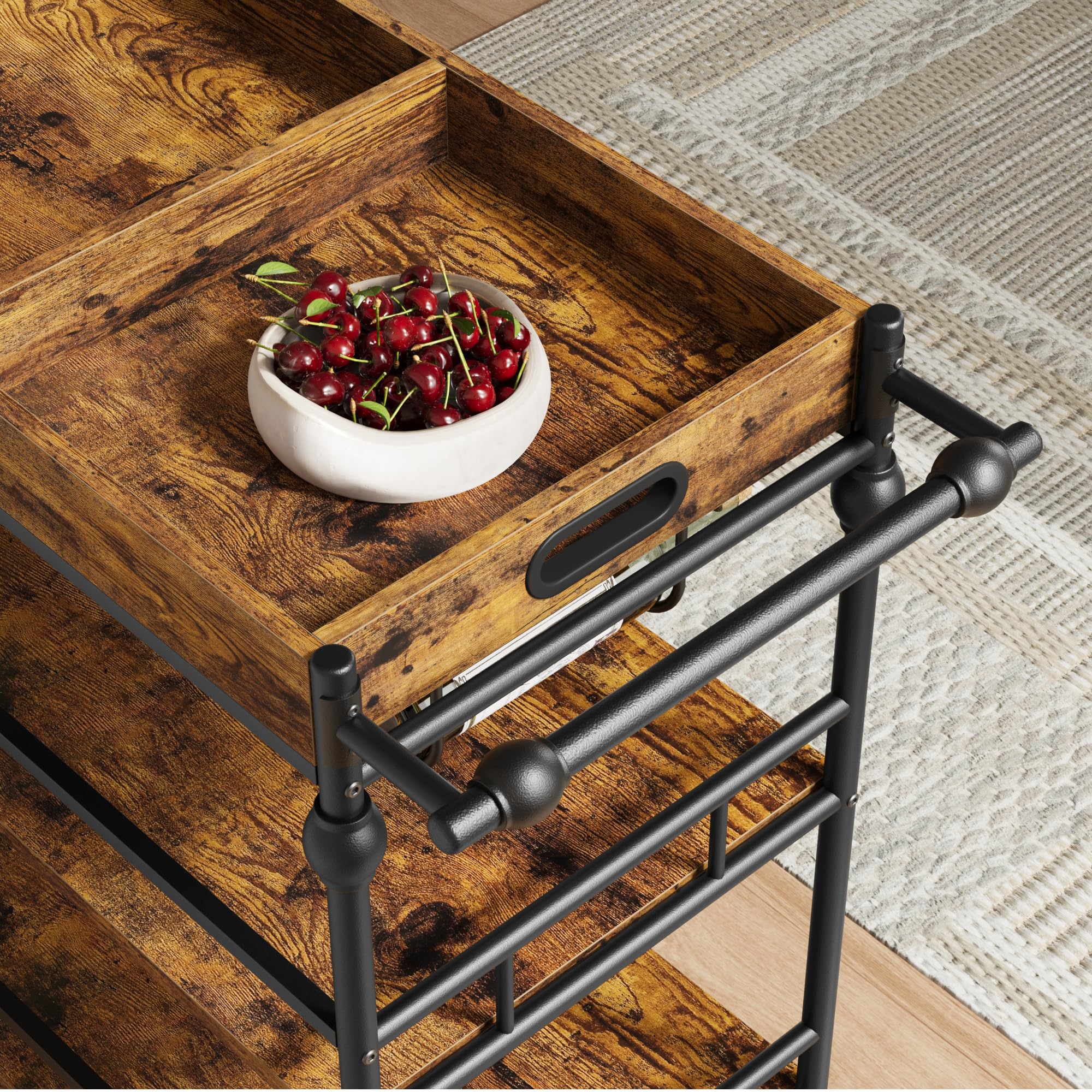 Garvee Carrito de Bar rodante de 3 Niveles – Estante móvil de Madera y Metal para Cocina, Sala o Comedor – con portabotellas y portavasos – Diseño Elegante y Funcional – 90x40x87 cm