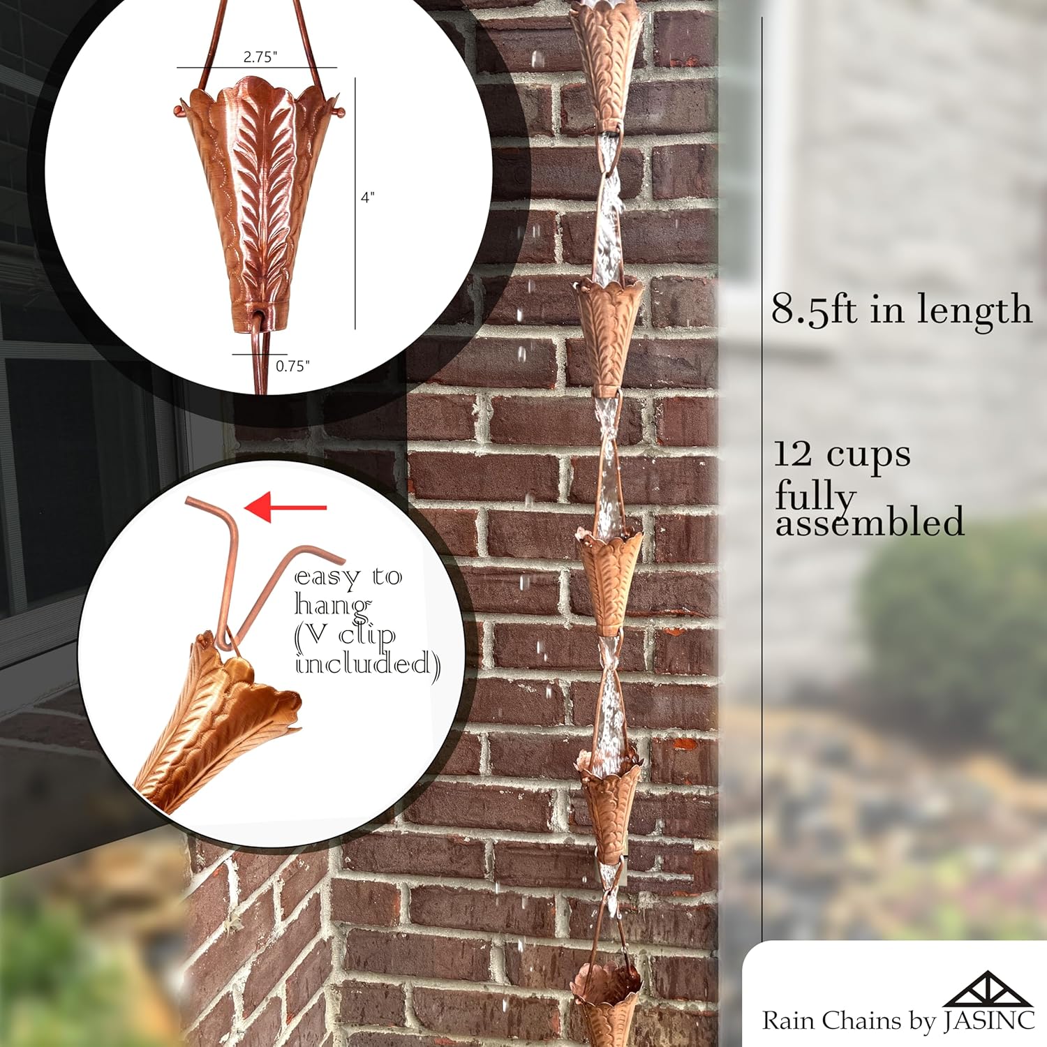 8.5 ft Leaf Cups Pure Copper, to Replace Roof Gutter Downspout, with Installation Kit, Rainwater Catcher/Water Diverter, JAS8002C
