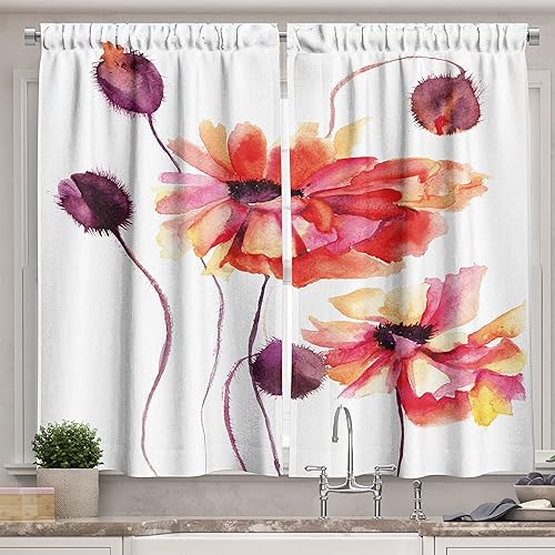 Miniatura 1 de Ambesonne Cortinas florales de cocina, pintura de acuarela, flores de amapola y brotes, diseño de naturaleza primaveral, juego de 2 paneles para