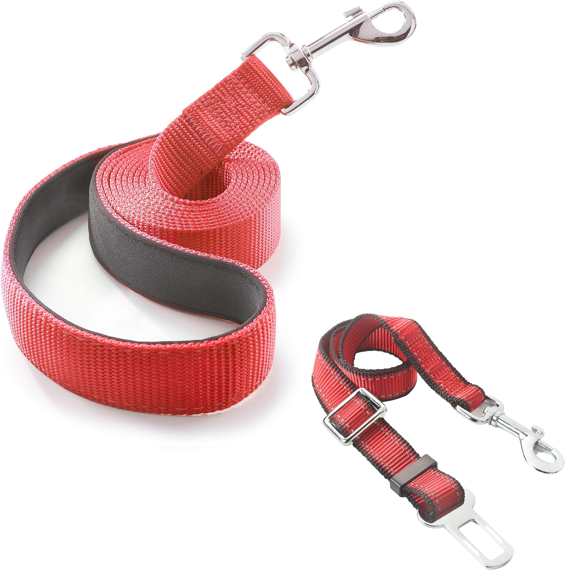 Dutchy Brand Red Dog Leash - Sturdy 6' Nylon Strap with Padded Handle Bundled Together with Heavy Duty Car Tether - Universal Seat Belt Buckle System
