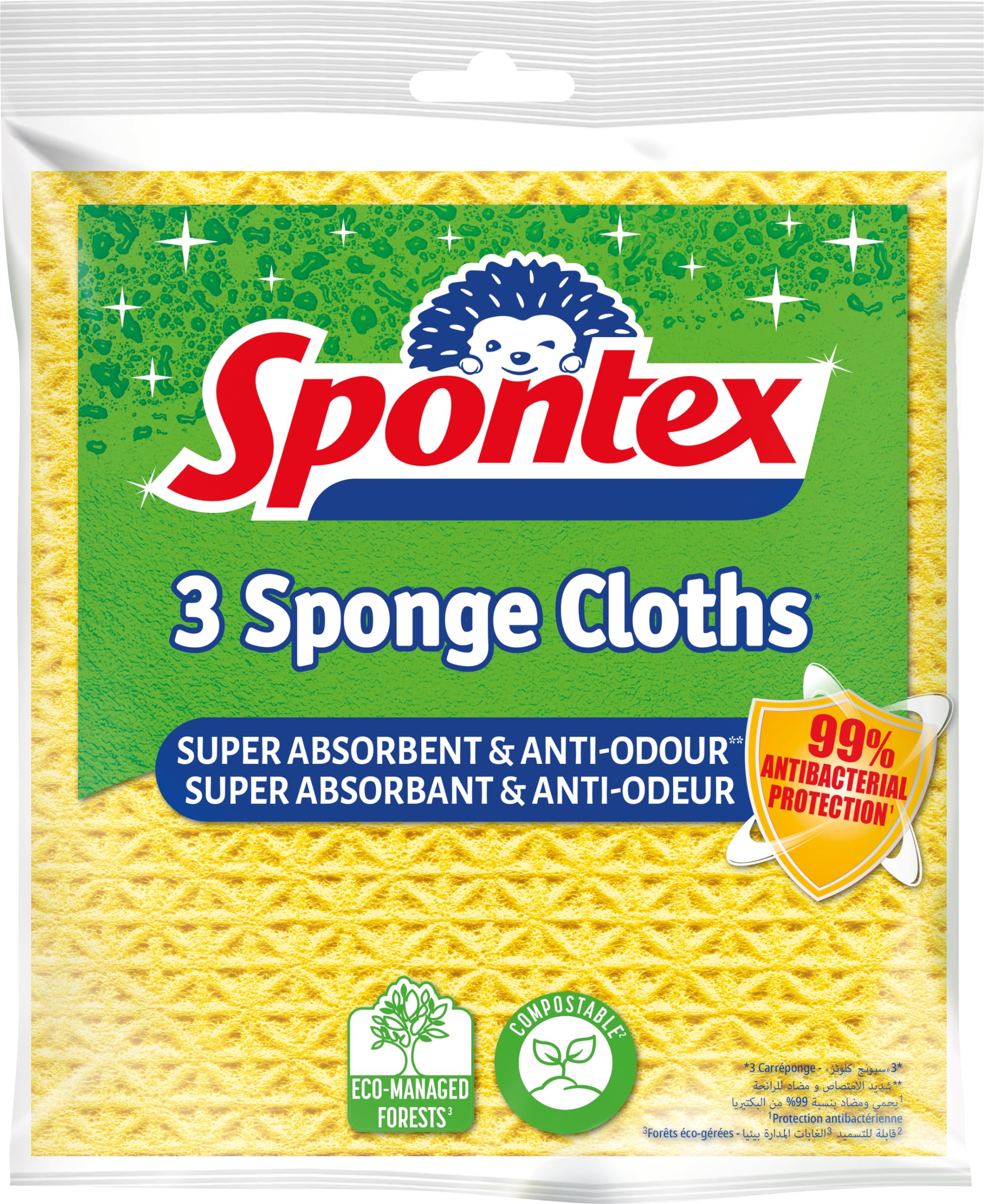 Spontex 3 Sponges Cloths, 100% Biodegradable Sponge, Stops Odors and Stays Fresher, Antibacterial Protection, Absorbent and Flexible, Resistant and Long Lasting, Multicolour, 3 Pieces