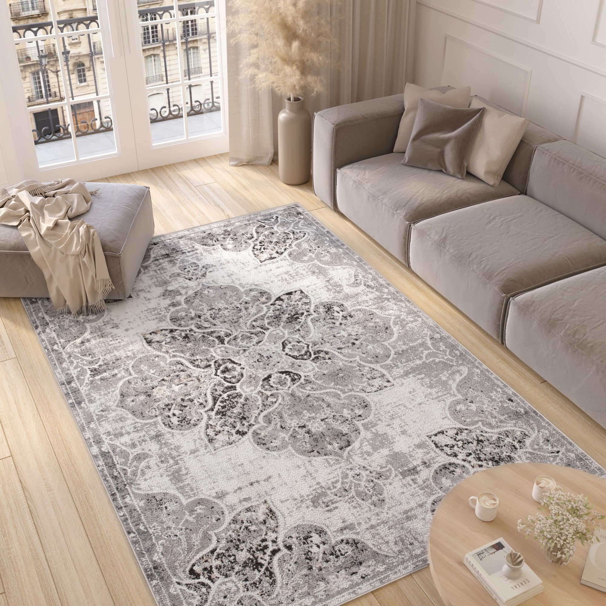 TAPISO Valley Dywan z krótkim włosiem, vintage, biały, kremowy, czarny kwiaty, ramka, orientalny efekt zużycia, melanż, rozmyty, do salonu, sypialni, 160 x 220 cm