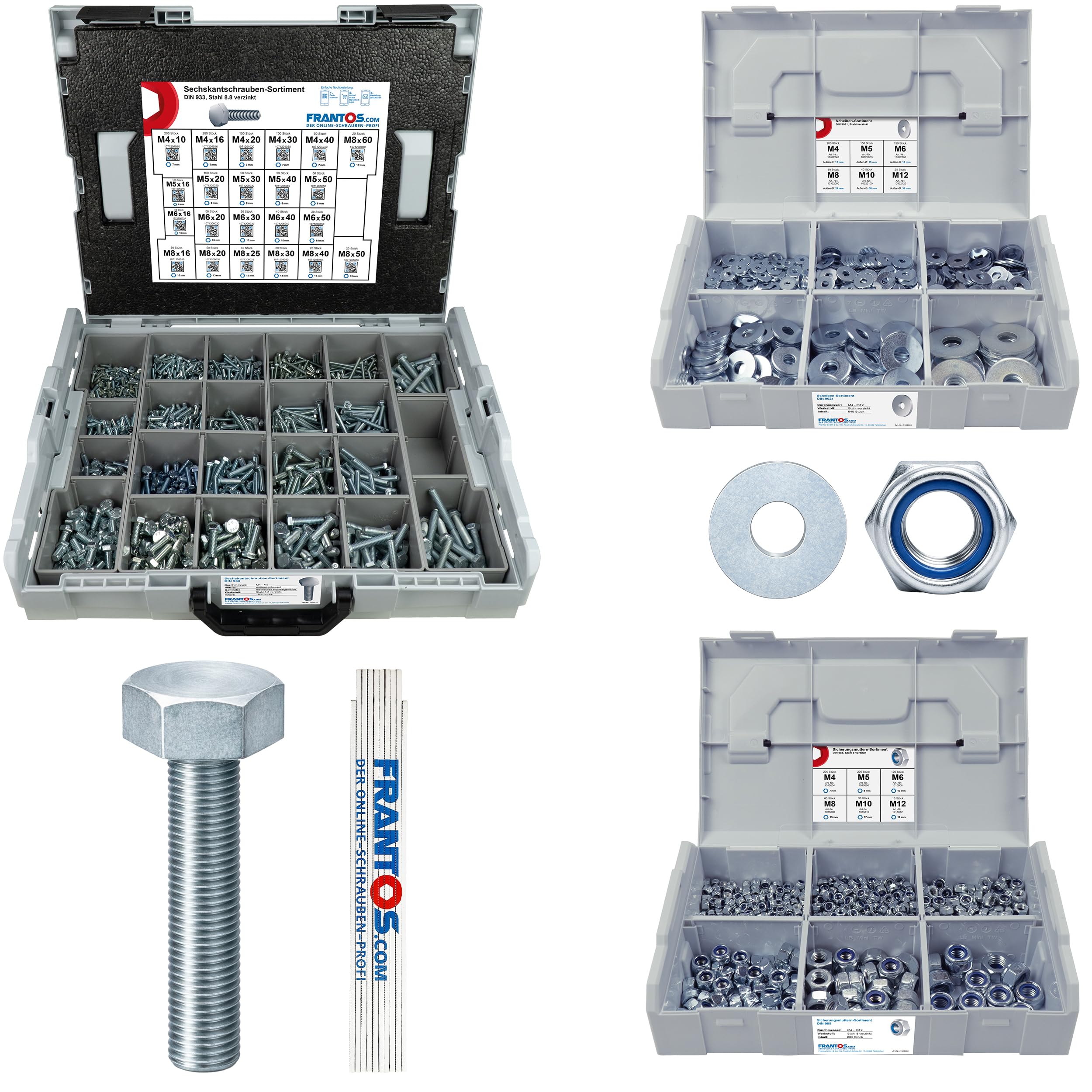 FRANTOS L-BOXX Schrauben Set mit Muttern und Unterlegscheiben 2745-tlg (Stahl verzinkt) Sechskantschrauben DIN 933, Sicherungsmuttern DIN 985, Scheiben DIN 9021 INKL. Meterstab