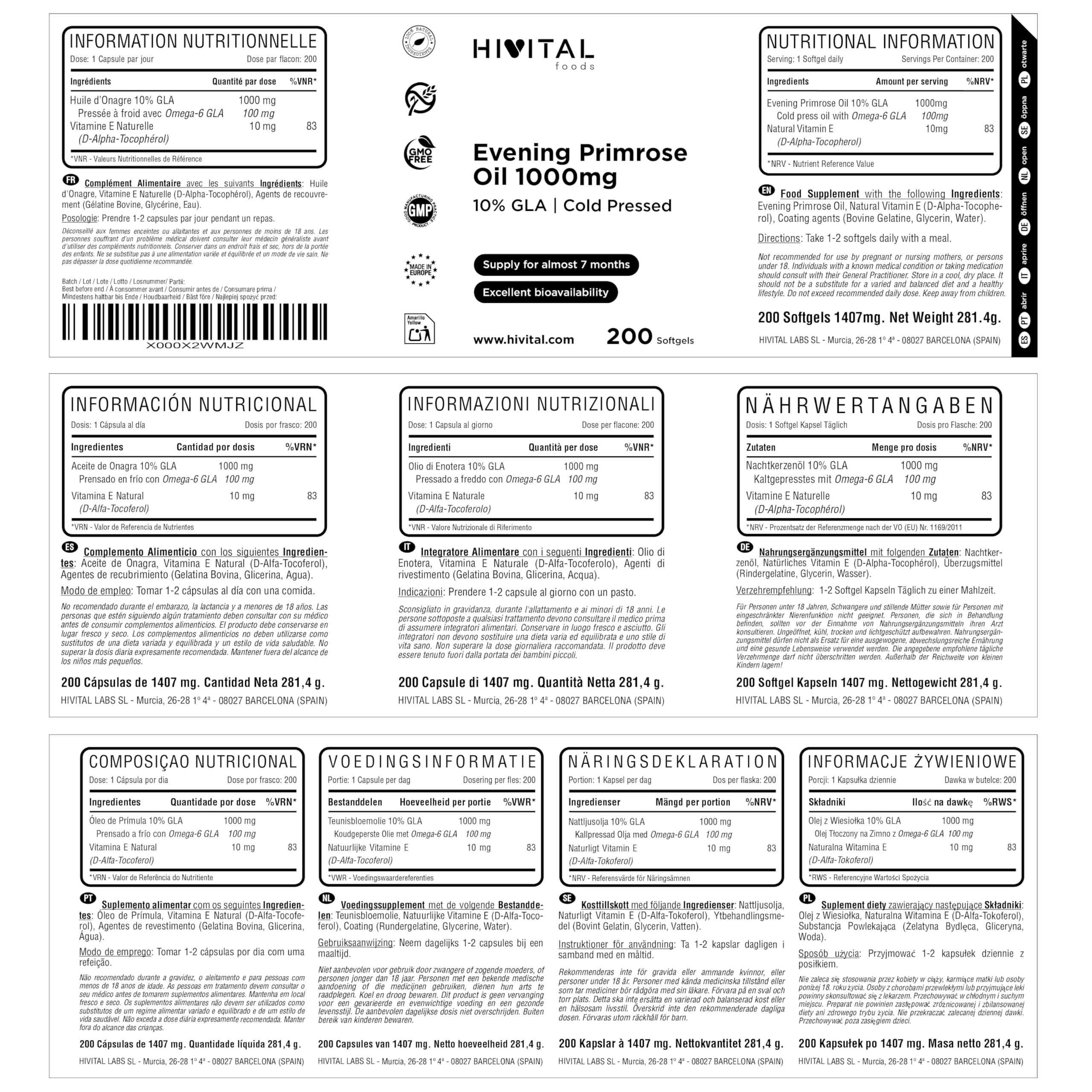 Nachtkerzenöl 1000 mg mit 10% Omega 6 GLA. 200 Perlen aus kaltgepresstem Naturöl. Bei einer Behandlung von mehr als 6 Monaten. Enthält 10% GLA und Vitamin E. Hergestellt von HIVITAL