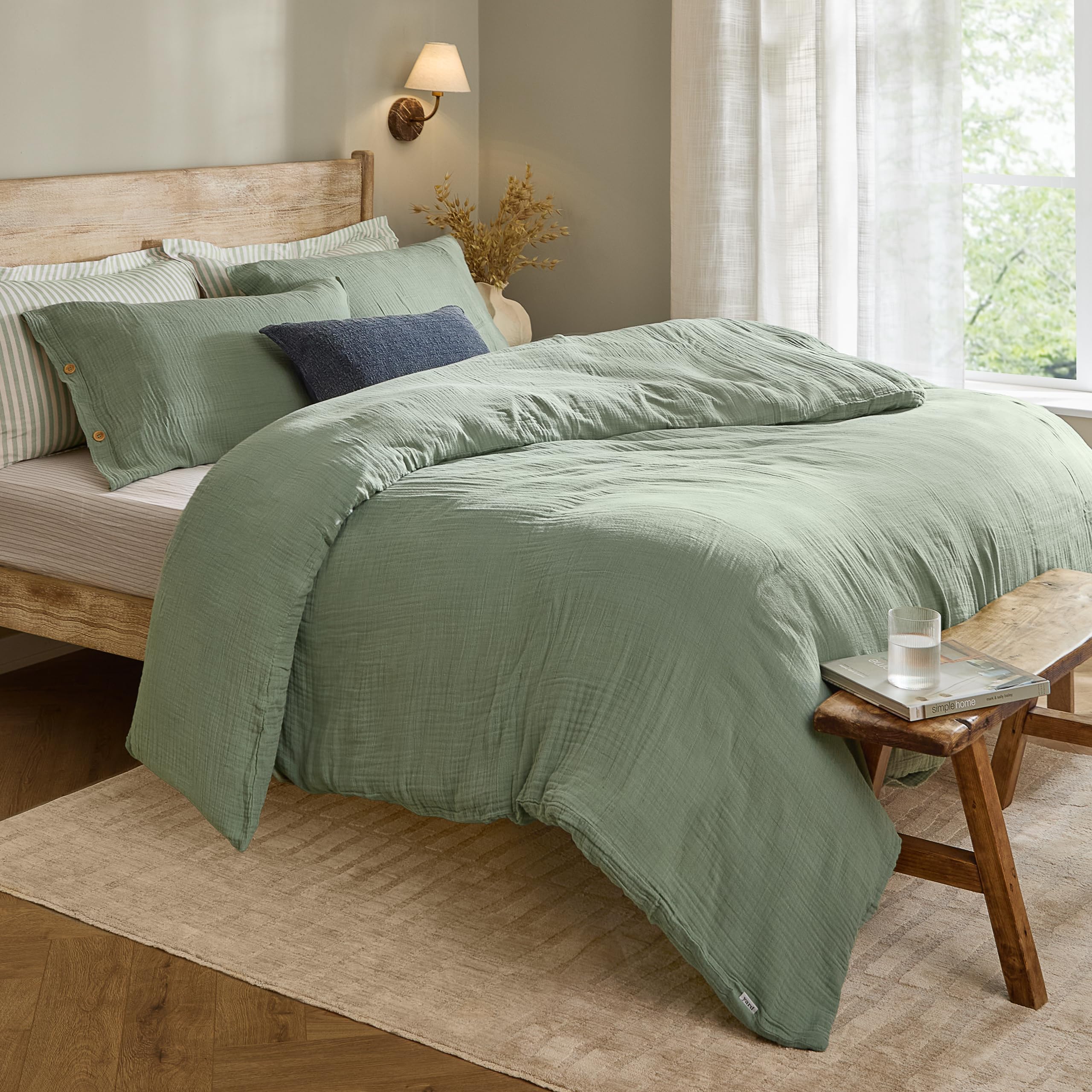 Lark Muslin Cotton Duvet Cover Set - Green - Super King - Yard