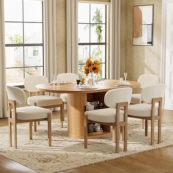 Large Retro Dining Table Set for 6, Modern Oval Kitchen Table Set with 6 Upholstered Chairs, Solid MDF Table with 2-Layer Storage Shelf and Wood Slide Door, Luxury Beige Chenille Chairs