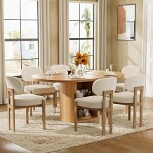 Large Retro Dining Table Set for 6, Modern Oval Kitchen Table Set with 6 Upholstered Chairs, Solid MDF Table with 2-Layer Storage Shelf and Wood Slide Door, Luxury Beige Chenille Chairs