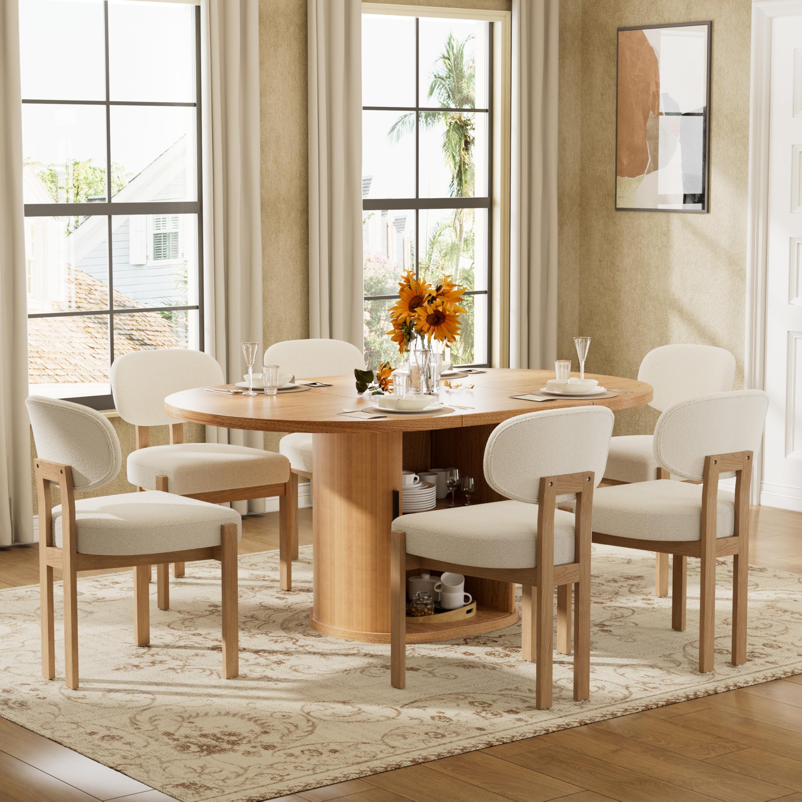 Large Retro Dining Table Set for 6, Modern Oval Kitchen Table Set with 6 Upholstered Chairs, Solid MDF Table with 2-Layer Storage Shelf and Wood Slide Door, Luxury Beige Chenille Chairs