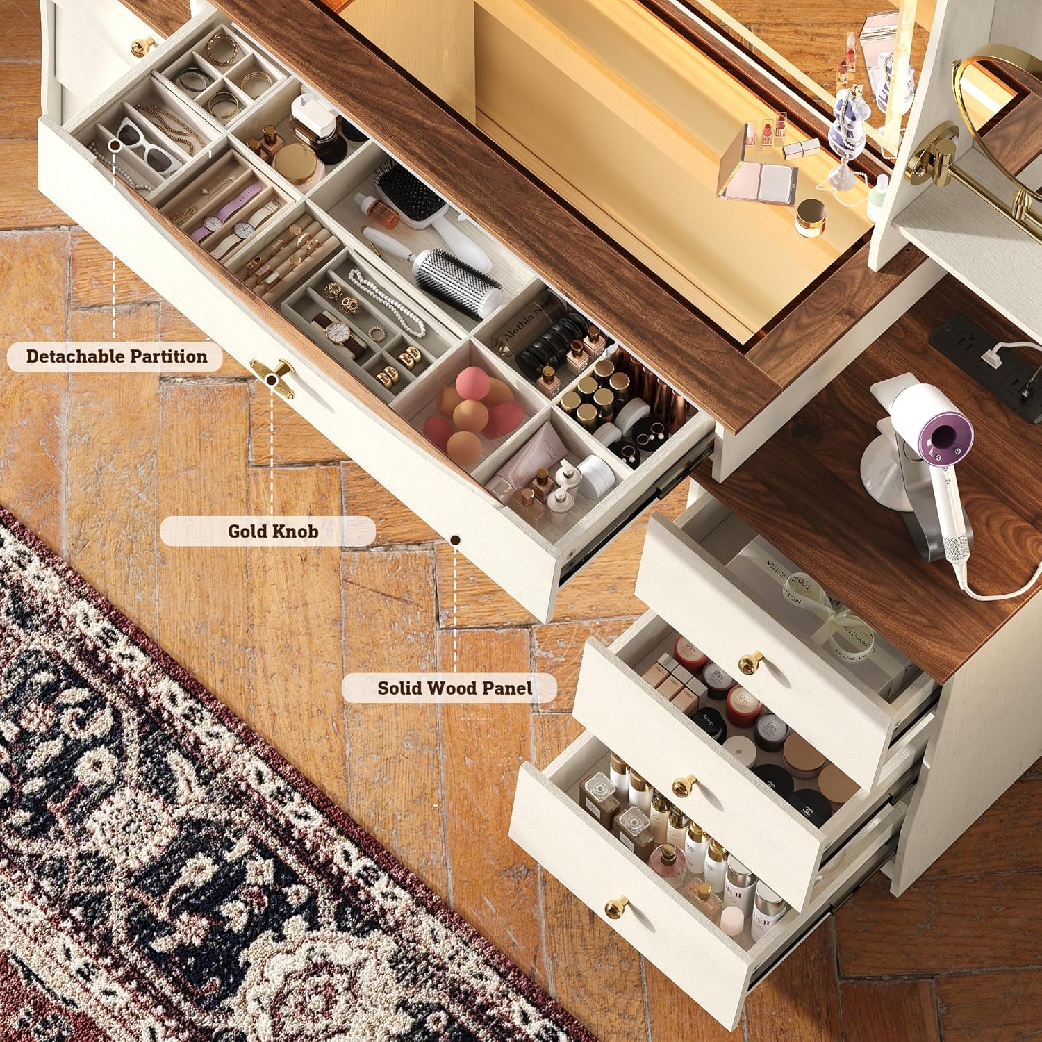 STO'SENSE Makeup Vanity Desk w/Mirror & Lights, 54" Large Vanity Table w/Glass Top, RGB Drawer, 𝐌𝐚𝐠𝐧𝐢𝐟𝐲𝐢𝐧𝐠 𝐌𝐢𝐫𝐫𝐨𝐫&Power Outlet,Make up Desk w/3 Shelves&7 Drawers,Dressing Table,White