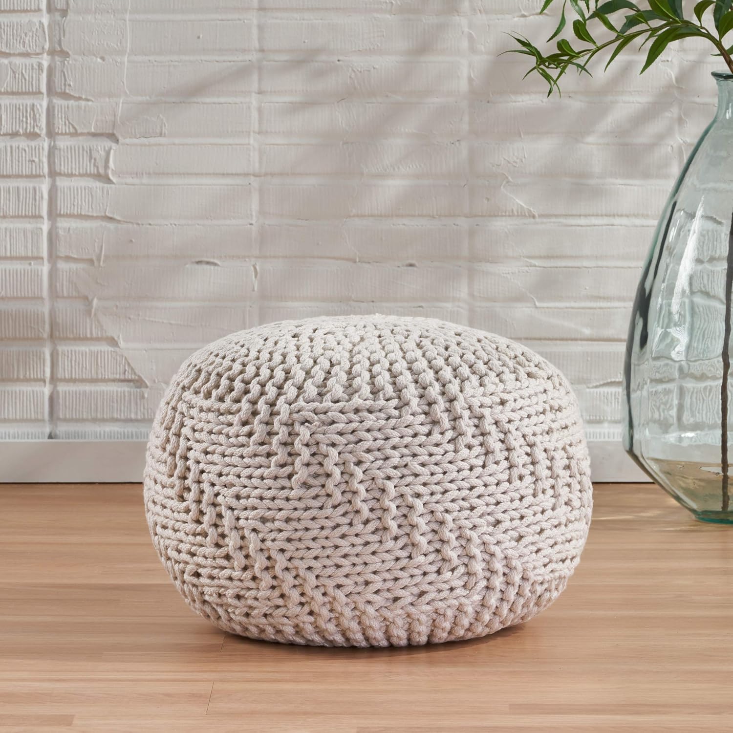 Christopher Knight Home Hazel Indoor / Outdoor Fabric Weave Pouf, Ivory
