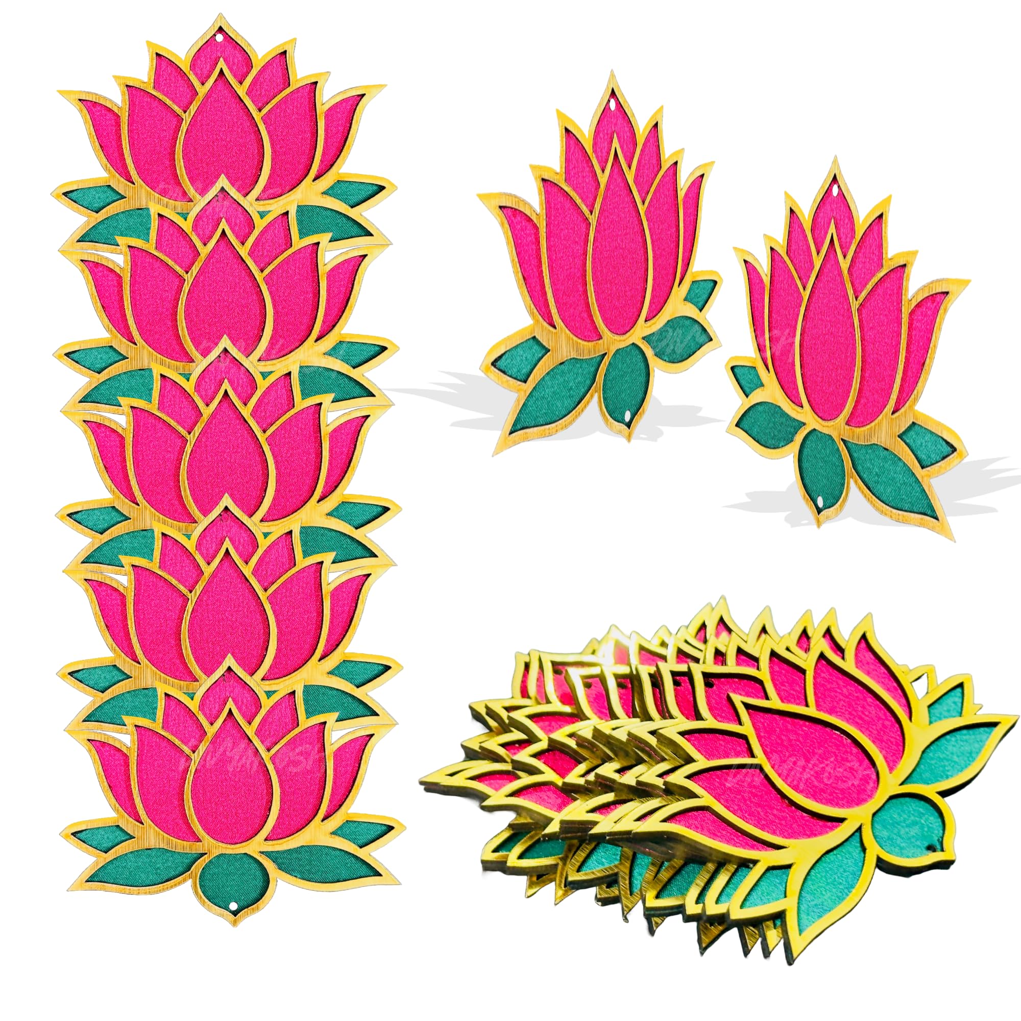 Divyakosh Wooden Lotus Cutouts,12 Pcs, with Glue Drops | Export Quality MDF Cutouts for DIY Rangoli, Temple Decor, Wall Decoration, Entrance Door Decoration | Color -Pink & Green | Size 4 Inch |