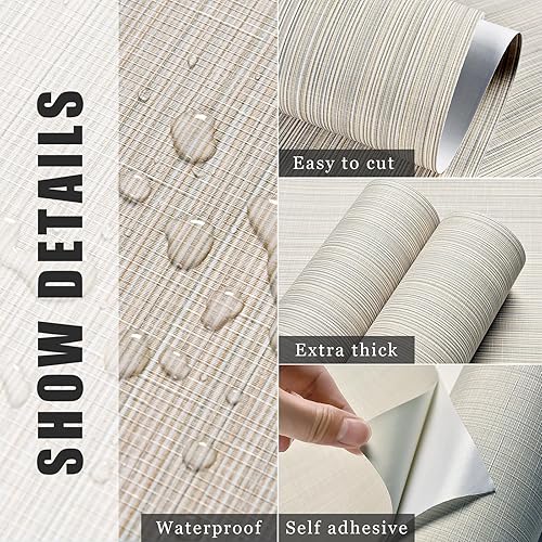 Miniatura 5 de FUKU MON Papel tapiz autoadhesivo de 20.8 x 394 pulgadas, color beige crema, tela gruesa, lino, clásico, de pasto sintético, extraíble, película de