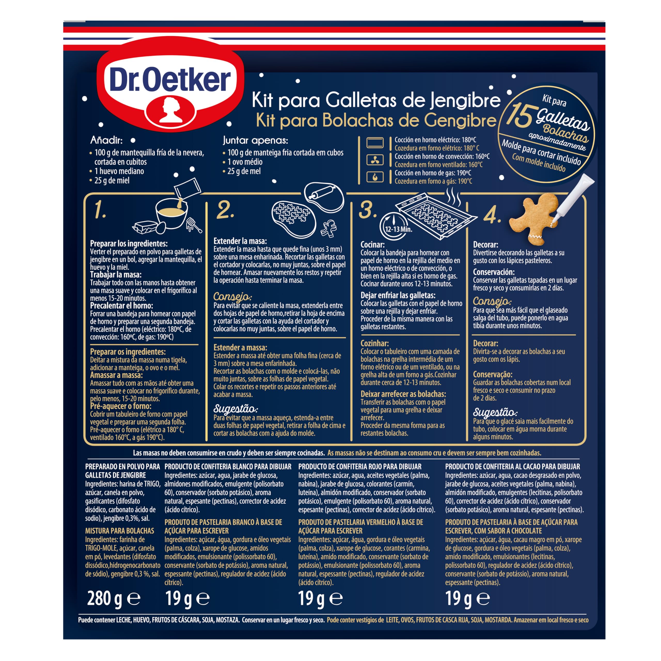 DR. OETKER Kit Galletas de Jengibre 337 g, Incluye Molde Cortar, 3 Lápices Pasteleros