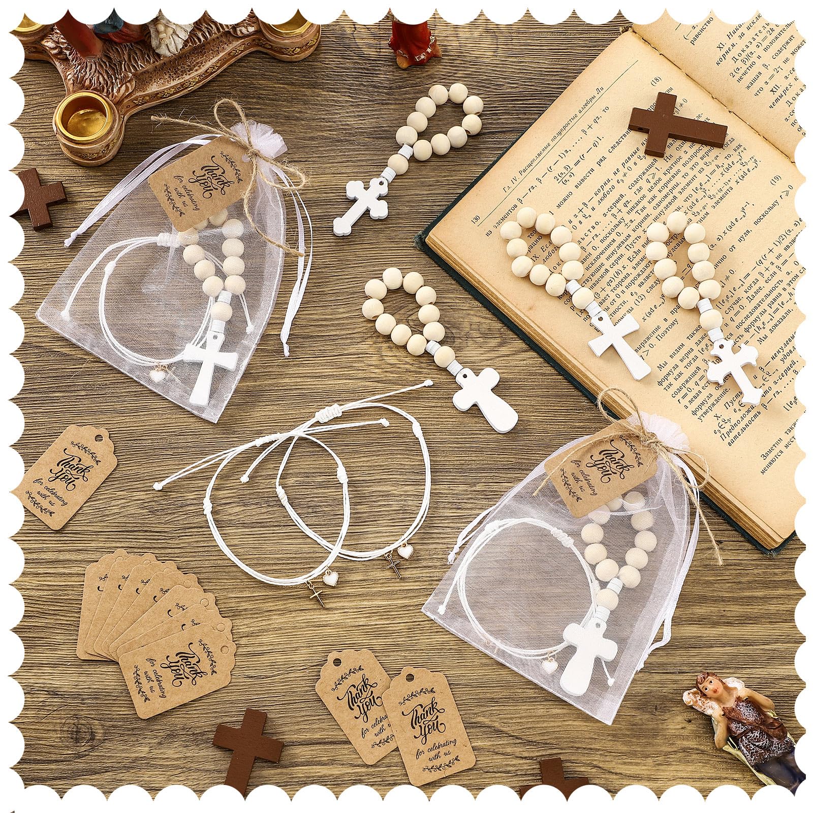 Supervitae 60 piezas de recuerdos de bautizo para invitados, incluye pulsera ajustable con corazón cruzado, rosario de madera, tarjeta de agradecimiento y bolsa de malla blanca para decoraciones de