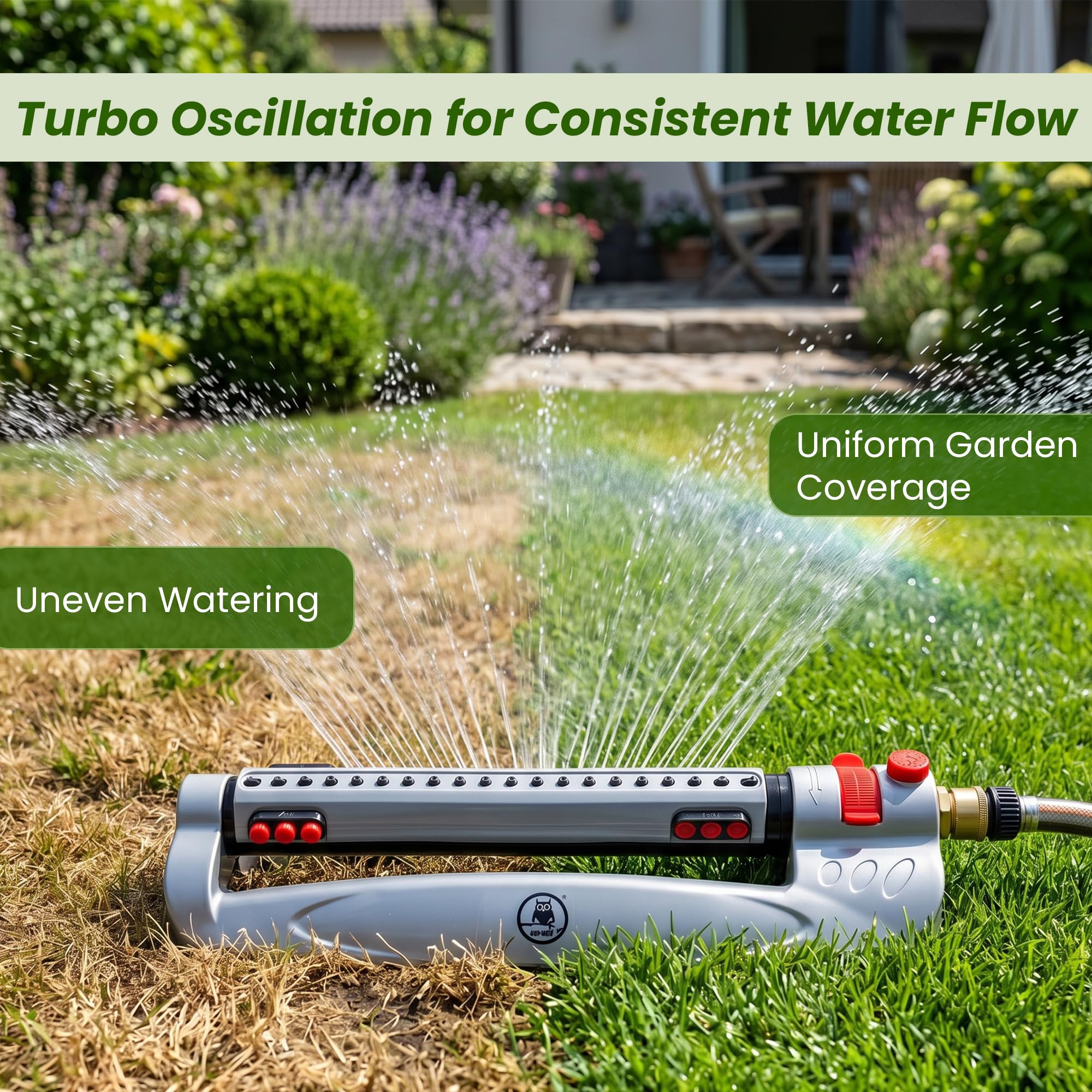 GARDENIX Irrigatore oscillante turbo in metallo con 20 ugelli, copertura di 385 m², portata regolabile, controllo del flusso e blocco del tubo a scatto rapido
