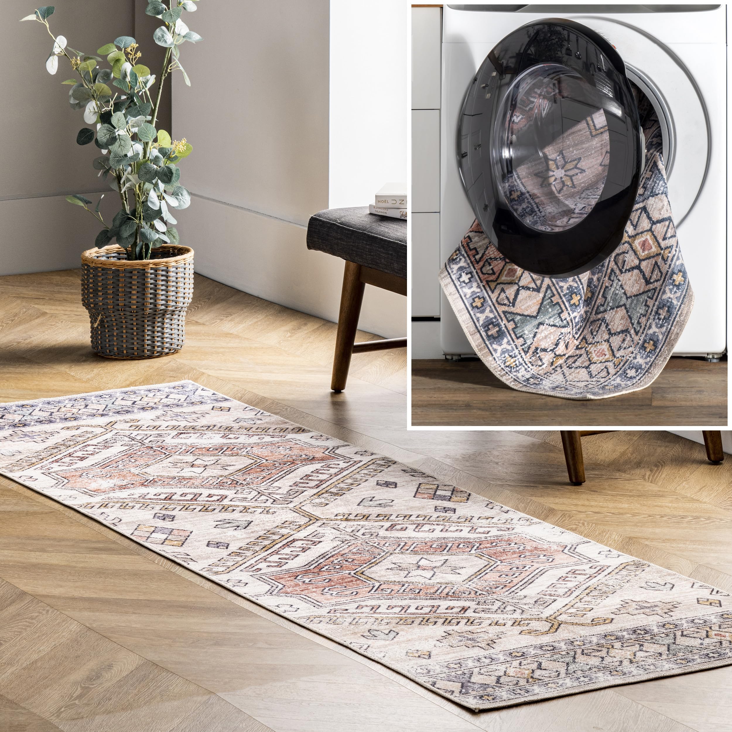 nuLOOM Mae Makinede Yıkanabilir Tribal Motif Yolluk Halı, 2' 6" x 12', Şeftali
