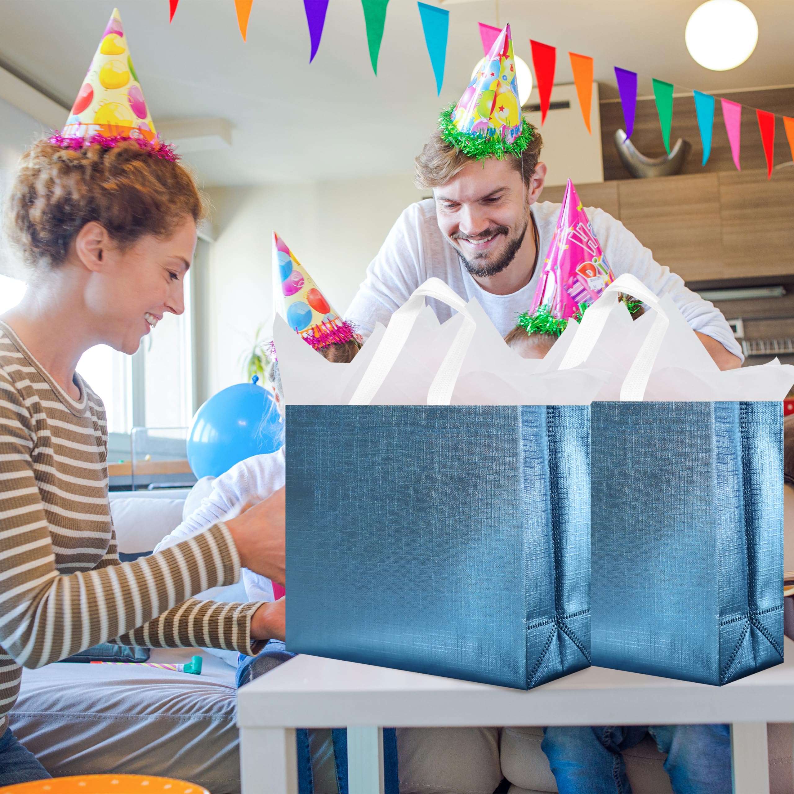 cabzymx 25 bolsas de regalo reutilizables azules, bolsas de regalo metálicas brillantes a granel con bases, bolsas de regalo de fiesta no tejidas para cumpleaños, bodas, fiestas, graduación, 12.6 x