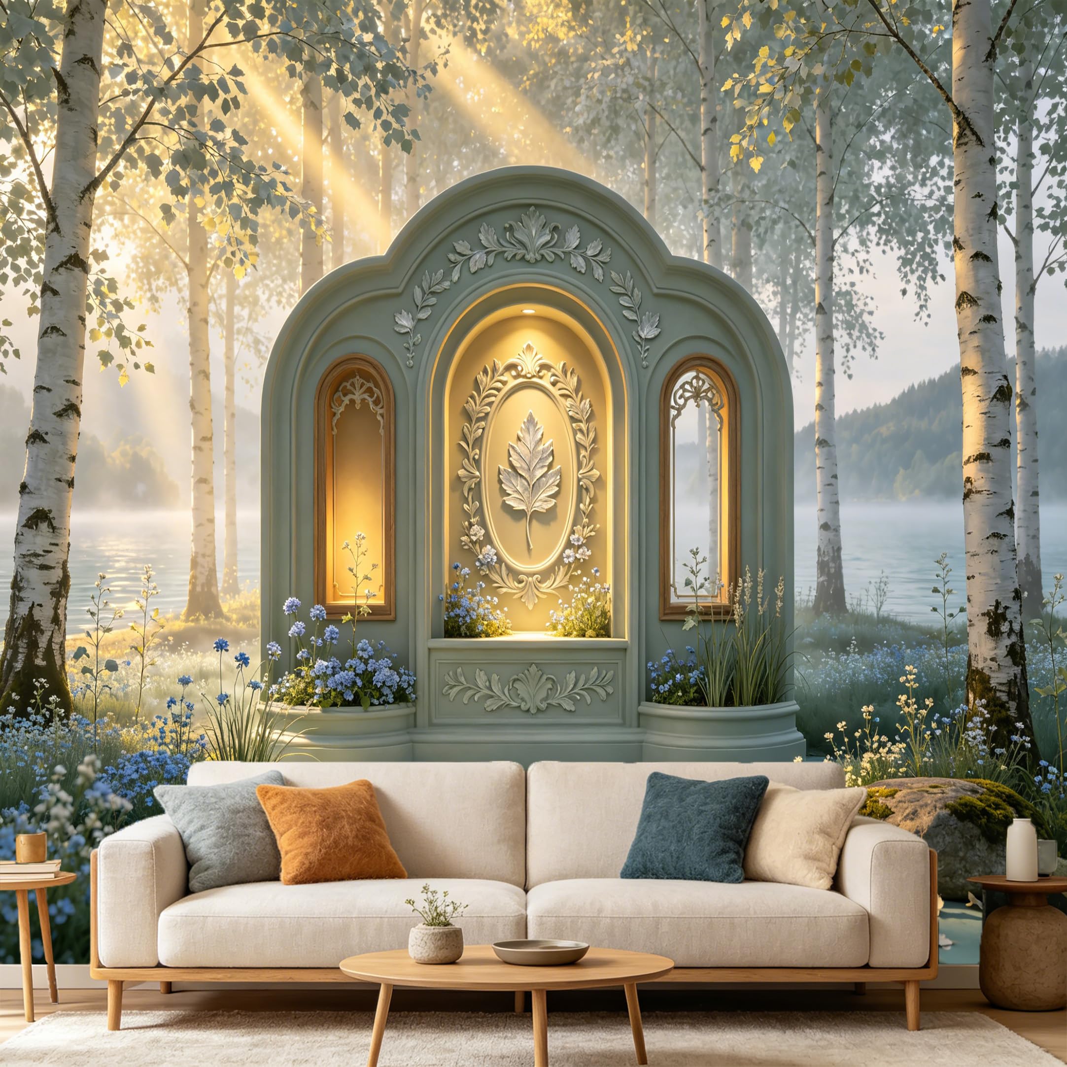 Custom Size Wall Mural， 3D Trompe L'Oeil Archway Birch Forest Lake， SelfAdhesive Art Prints wall Fabric Removable Large Wallpaper Home Living Room Decor， Elegant Nature View