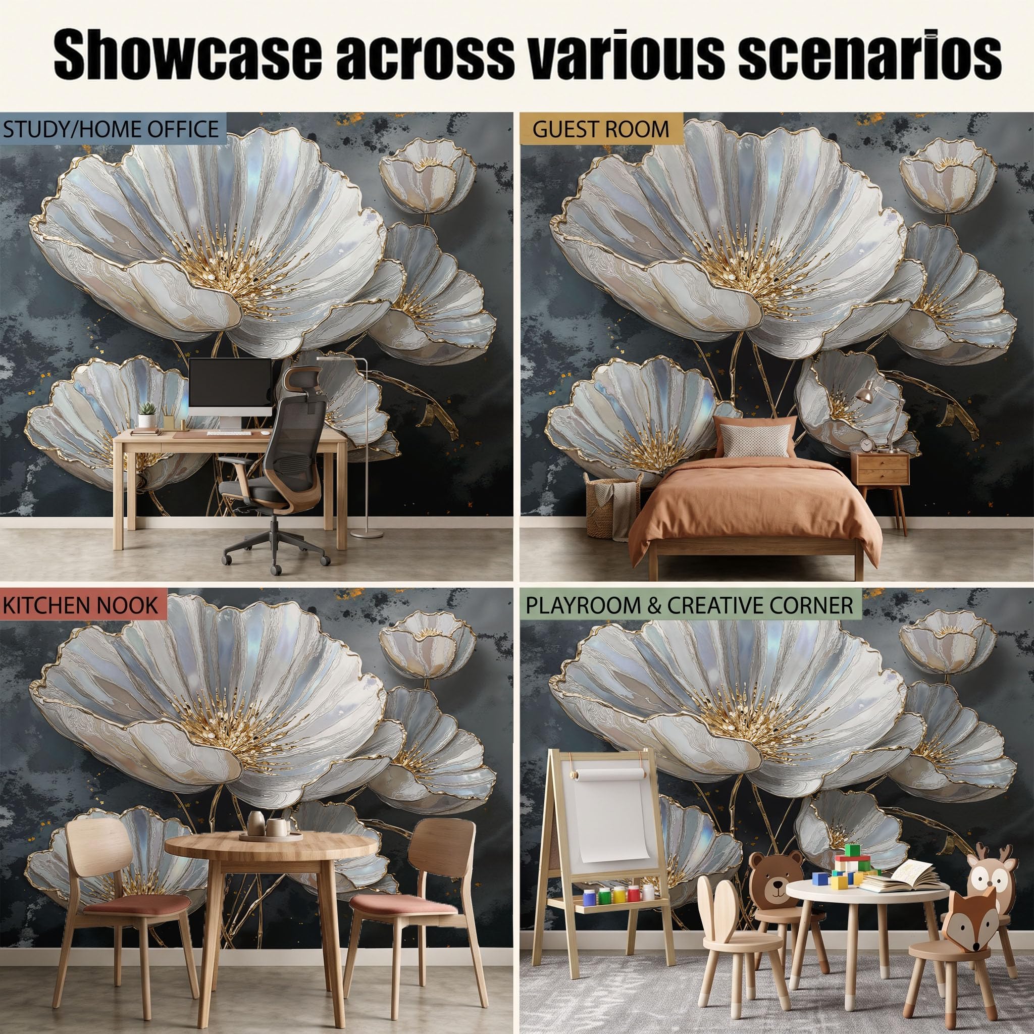 Papier peint photo Soie, Luxe sombre Fleurs et bourgeons argentés, 450x315cm | Papier peint Soie de haute qualité, pour salon et chambre, revêtement mural, papier peints effet 3D Gris argenté