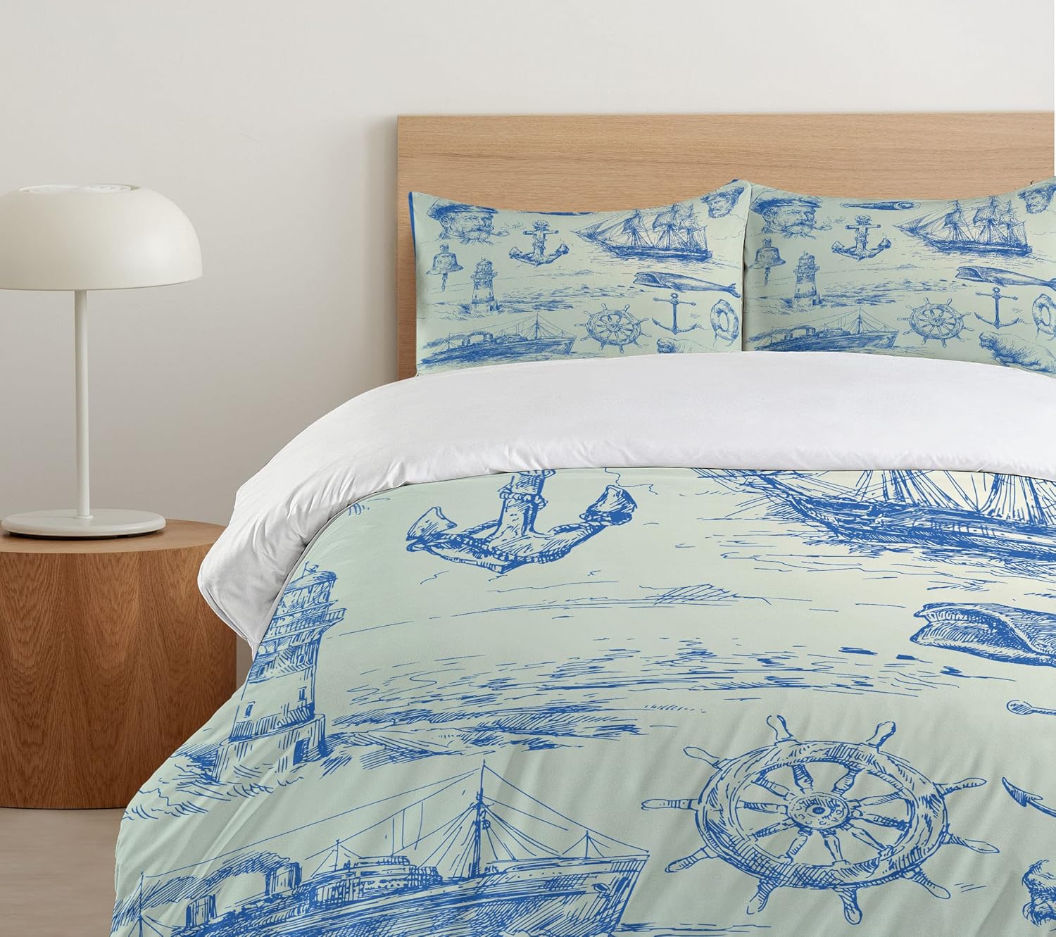 Ambesonne Nautical Anchor Duvet Cover Set, Whale Sail Boat Steering Wheel and Old Lighthouse Fishing Theme Sketchy, Decorative 2 Piece Bedding Set with 1 Pillow Sham, Twin Size, Eggshell Blue Twin Eggshell Blue