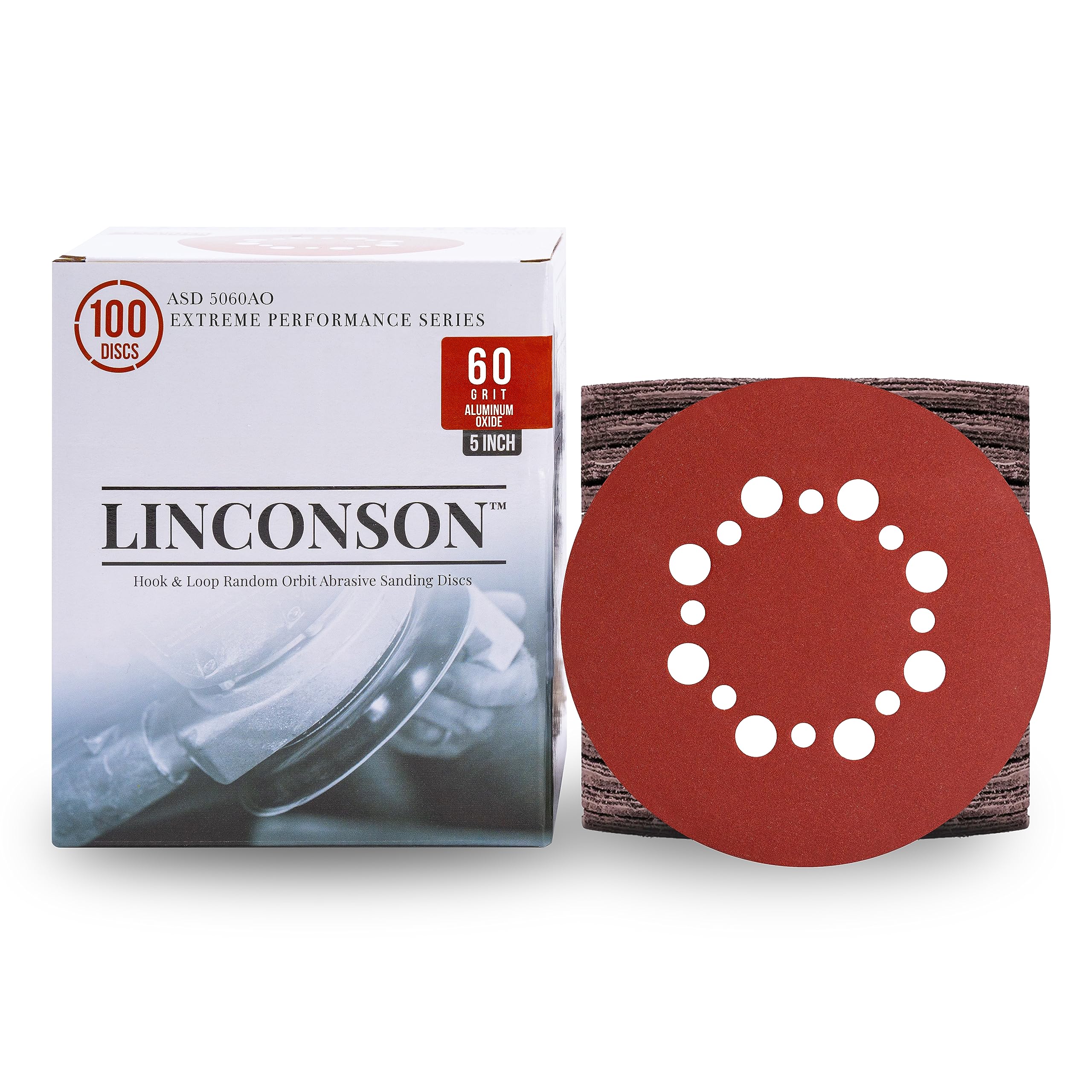 LINCONSON 100 Pack Sanding Disc Hook & Loop Orbit Sandpaper Ultra Dust Extraction Hole Configuration (60 Grit)