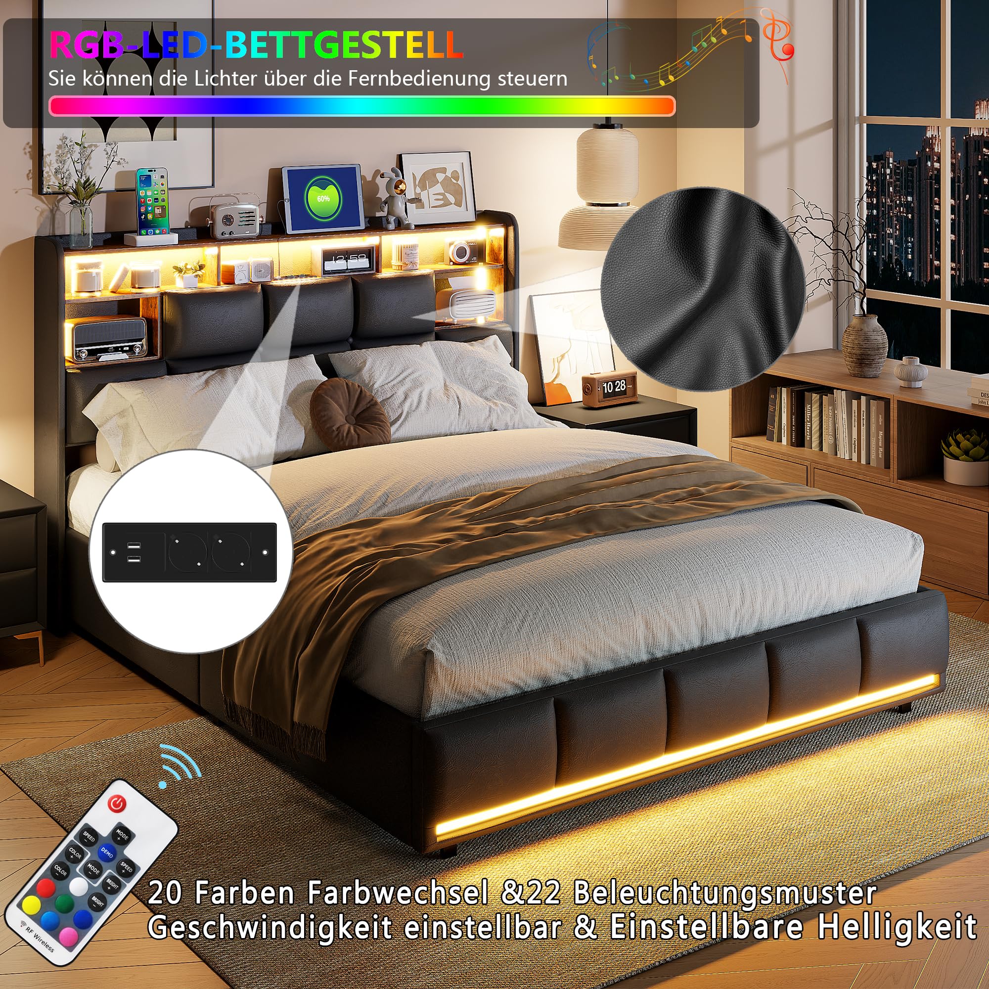 LIVLUX Bed van 160 x 200 cm, met ledverlichting en USB-poort, gevoerd tweepersoonsbed met opbergruimte en hoofdeinde, voor volwassenen en jongeren, fluweel (beige B, 160 x 200 cm