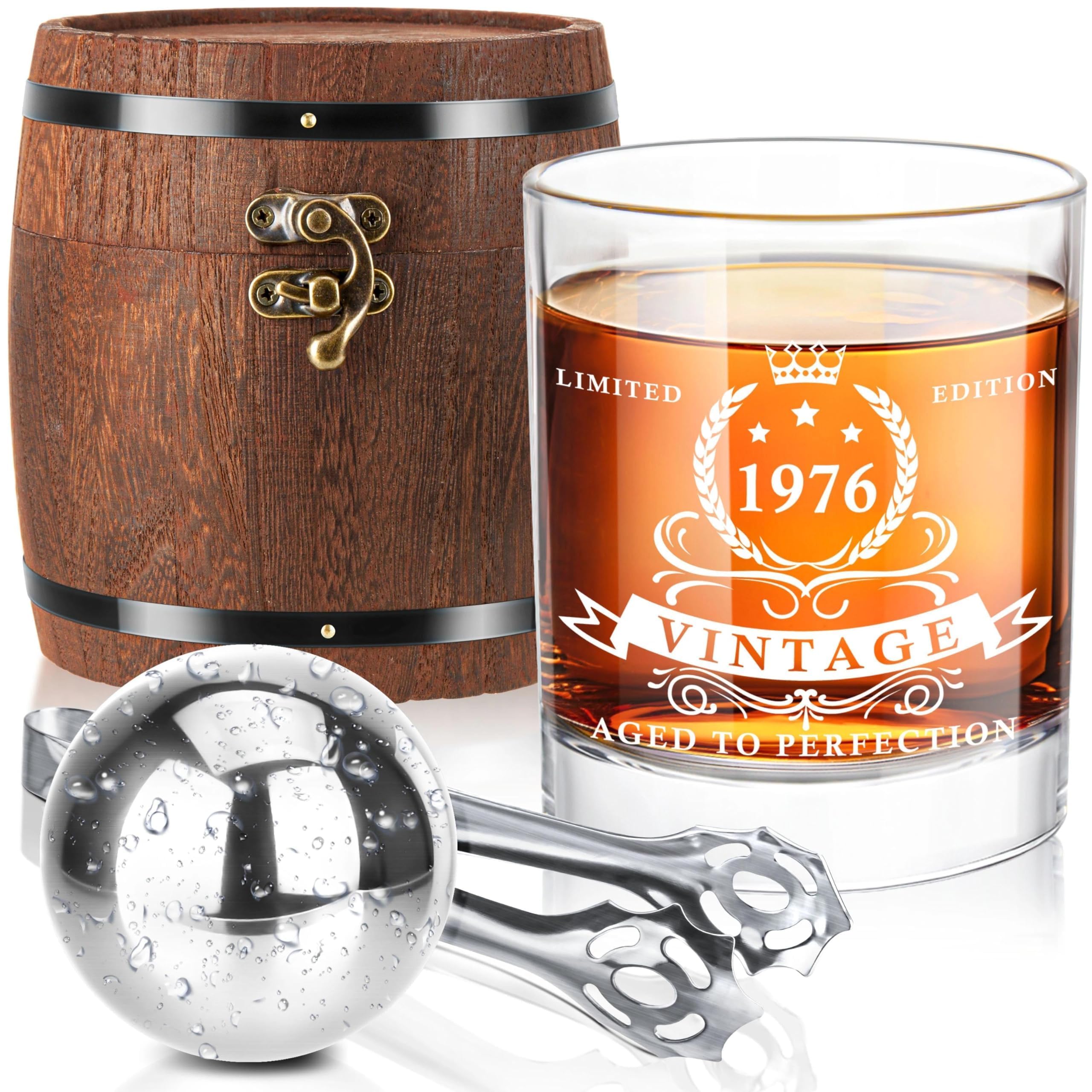 LIGHTEN LIFE Prezenty na 50. urodziny dla mężczyzn - zestaw szklanek do whisky z 1975 r. w pudełku beczkowym - pomysły na prezent dla taty, męża