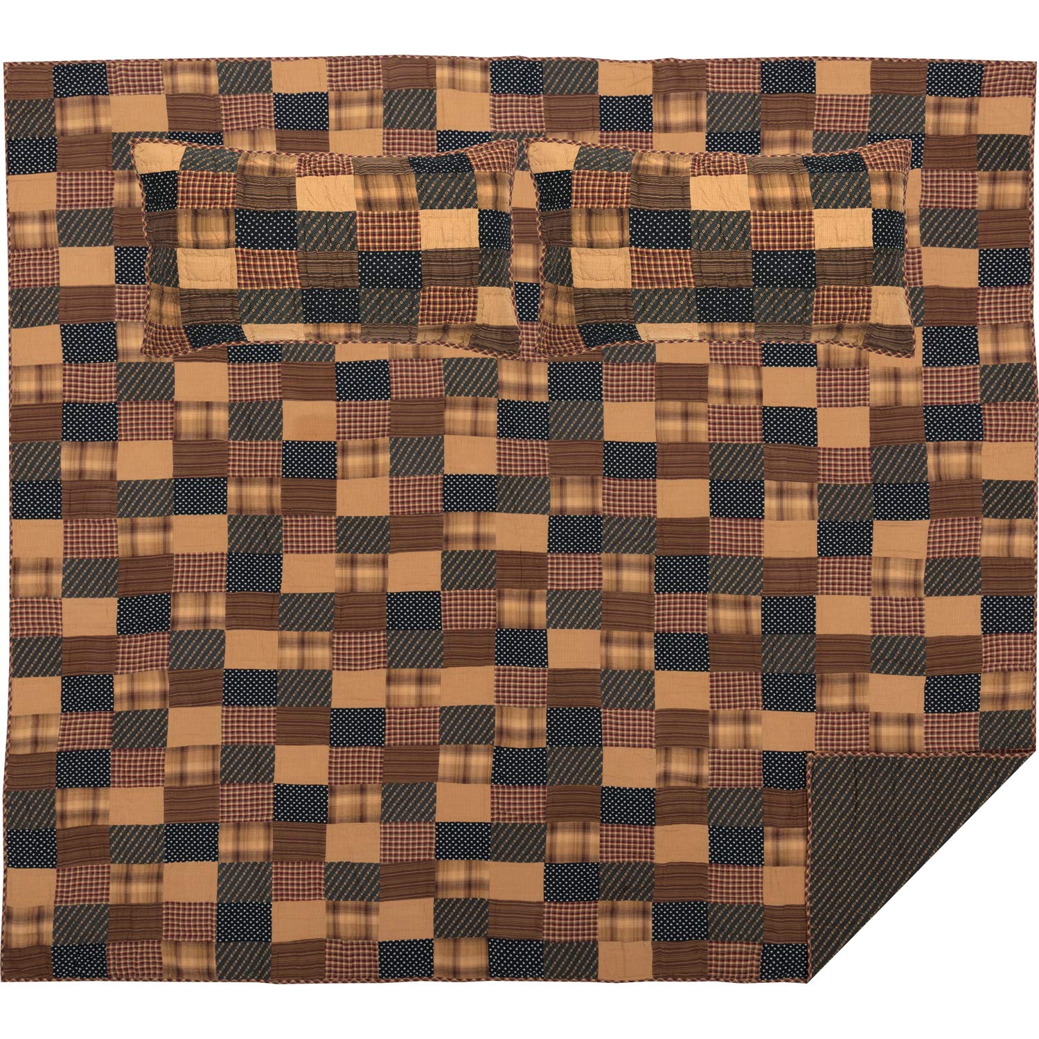 VHC Brands Patriotic Patch 3 Piece King Quilt Set Country Patchwork Design, Deep Red and Navy