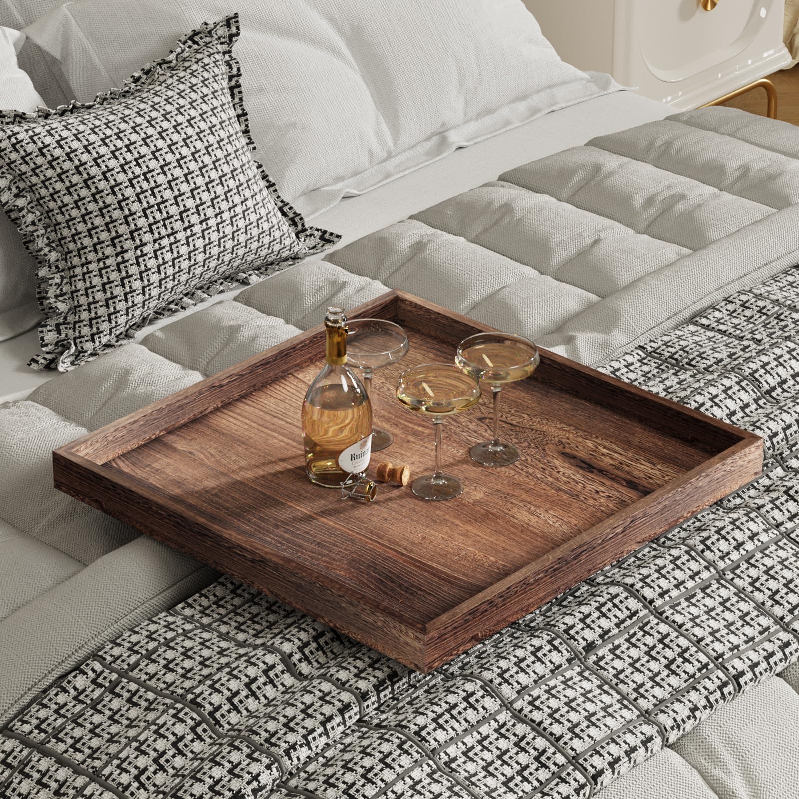 Bandeja de madera otomana para mesa de café para sala de estar, bandeja grande cuadrada de 24 x 24 pulgadas, color marrón rústico