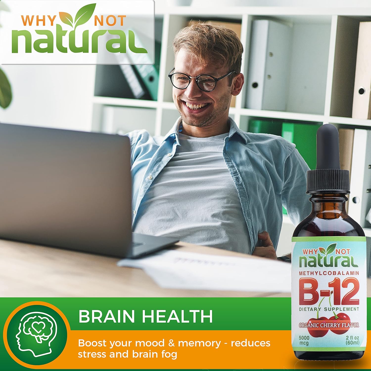 Organic Vitamin B12 Liquid - Sublingual Extra Strength 60 x 5000 mcg Drops, Methylcobalamin, Natural Cherry Flavor, Vegan, Maximize Absorption and Energy : Health & Household