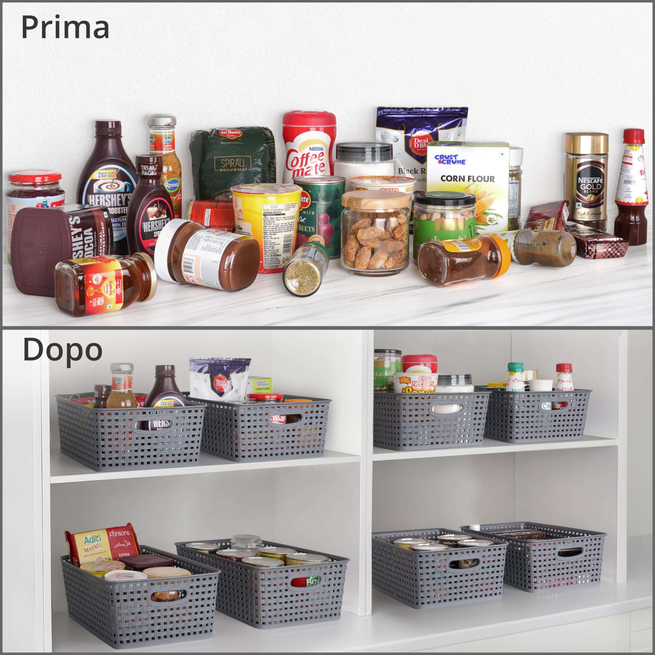 Winter Shore Ceste Portaoggetti Grigie [4 Pezzi] - Cassette Plastica Intrecciate per Organizzare Scaffali, Armadio e Cucina, Sottolavello, Lavanderia, Camera da Letto, Bagno - 29 x 22,5 x 12 cm
