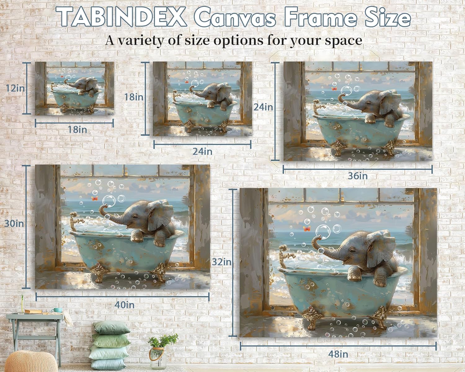 Funny Bathroom Wall Art, Kids Bathroom Decor, Baby Elephant in Bathtub Canvas Print, Animal in Teal Bathtub Pictures, Vintage Window Seascape Painting Framed Art for Rustic Restroom Decor 18x24 Inches