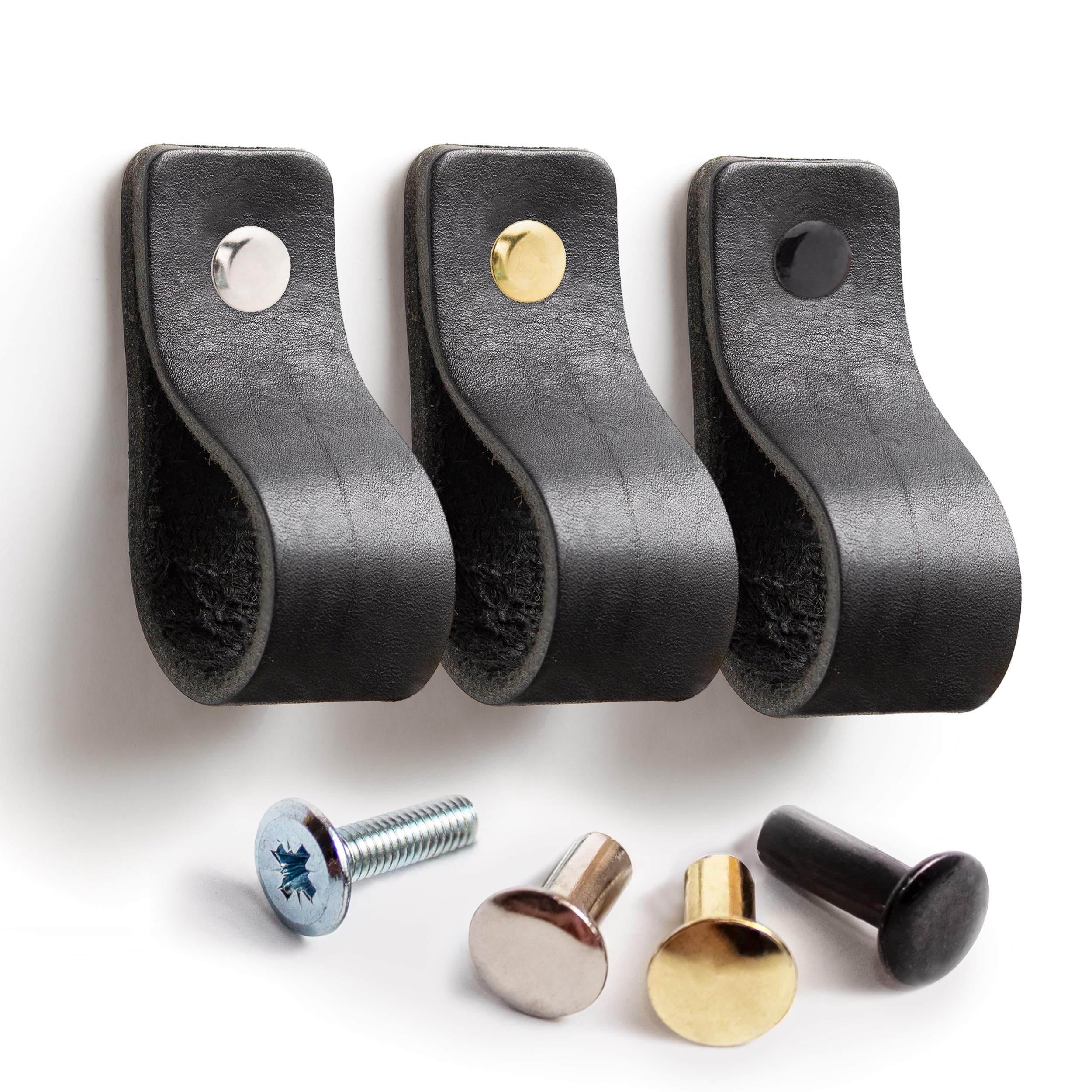 Tirador de Cuero Negro para armario mueble vintage minimalista/Pomo de Piel auténtica para Cajonera o Puerta (20, Negro)
