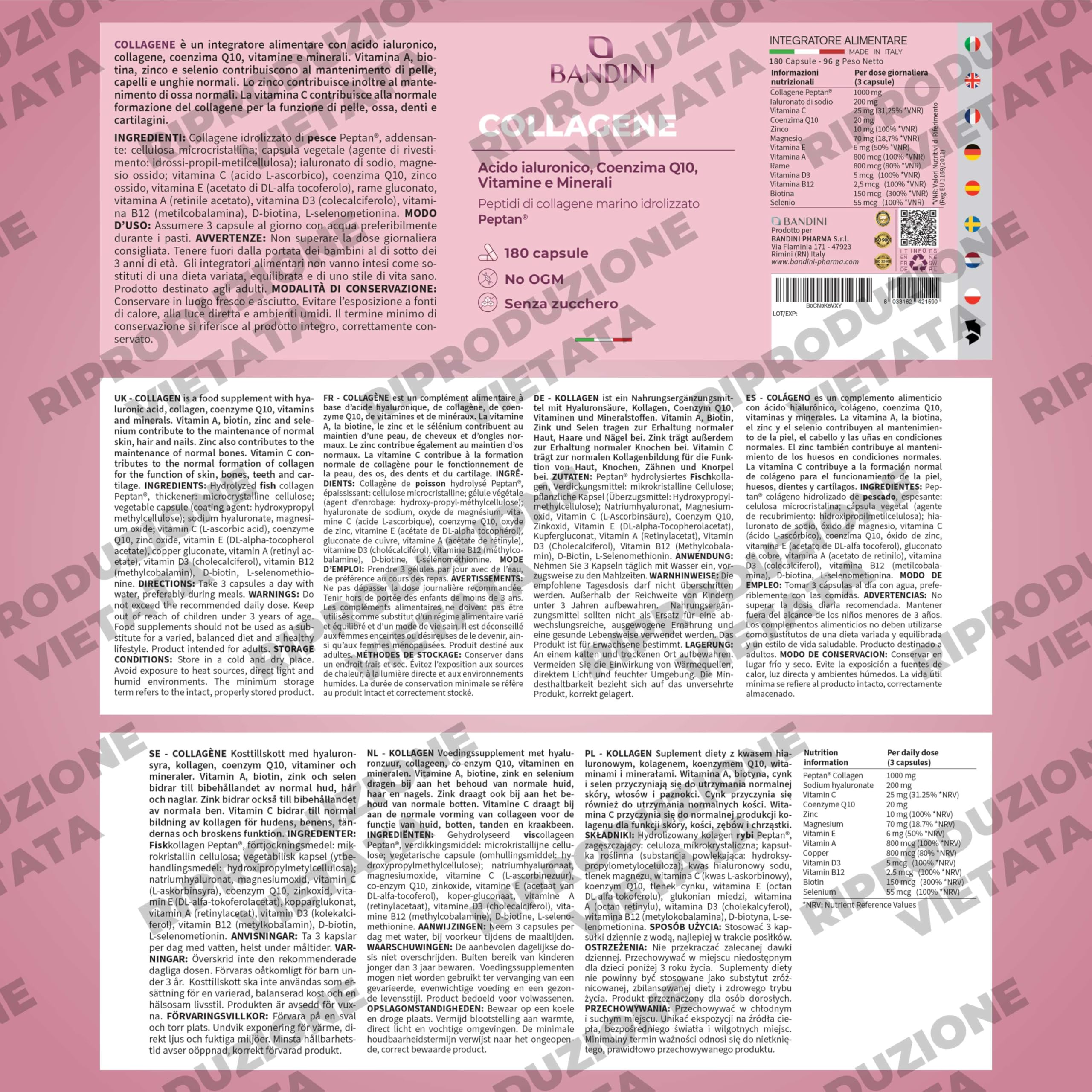 Bandini® Collagene Peptan® e Acido Ialuronico 180 Capsule, Collagene Marino Idrolizzato Tipo 1 con Coenzima Q10, Vitamina C, Biotina, Zinco e Selenio, Integratore Donne per Articolazioni, Pelle e Ossa