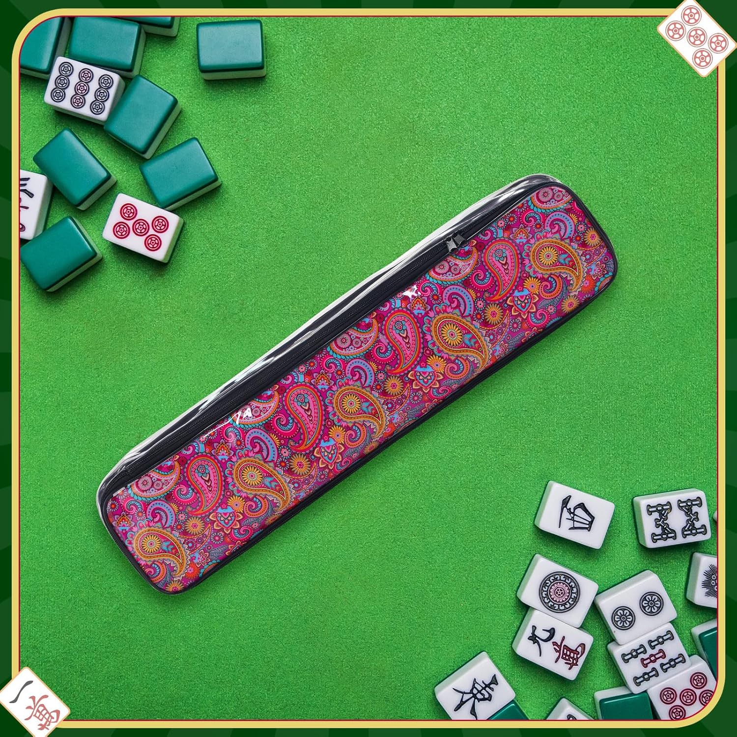 2 Pcs Mahjong Tile Bag Mahjong Racks for Tiles and Pushers Waterproof Tile Zippered Case PVC Clear Mah Jong Gifts, Empty Bag Only, 20 x 4.5 x 2.5(Elegant Style)