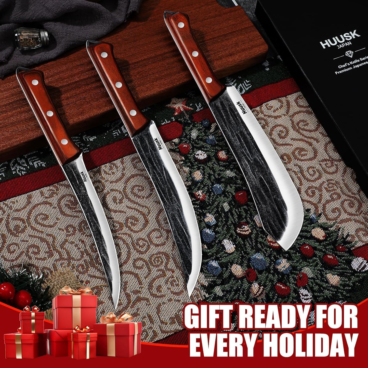 Huusk Butcher Knife Set for Meat Cutting, 3PCS Carving BBQ Brisket Knives, Hand-forged Kitchen Knive Set with Ergonomic Handle, Christmas Gifts for Men Women