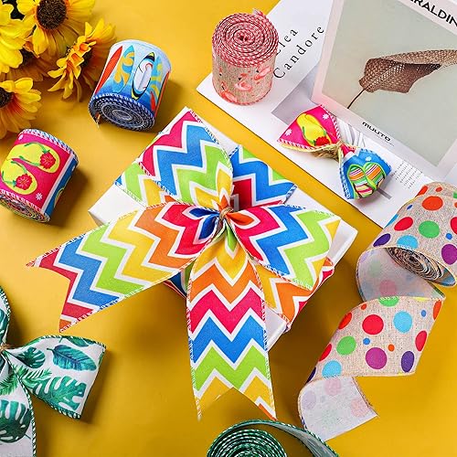 Miniatura 4 de 6 rollos de cinta de verano con alambre para manualidades cintas de arpillera de 25 pulgadas cinta de tela colorida de verano flamenco lunares