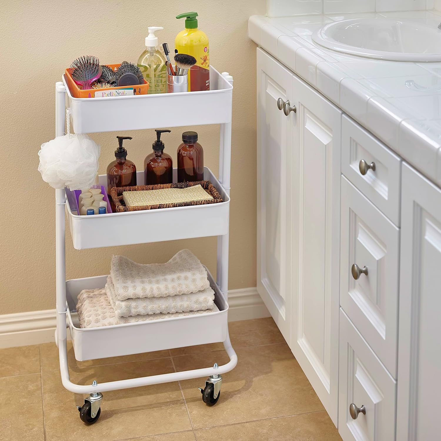 ECR4Kids 3-Tier Metal Rolling Utility Storage Cart, Multipurpose Organization, White