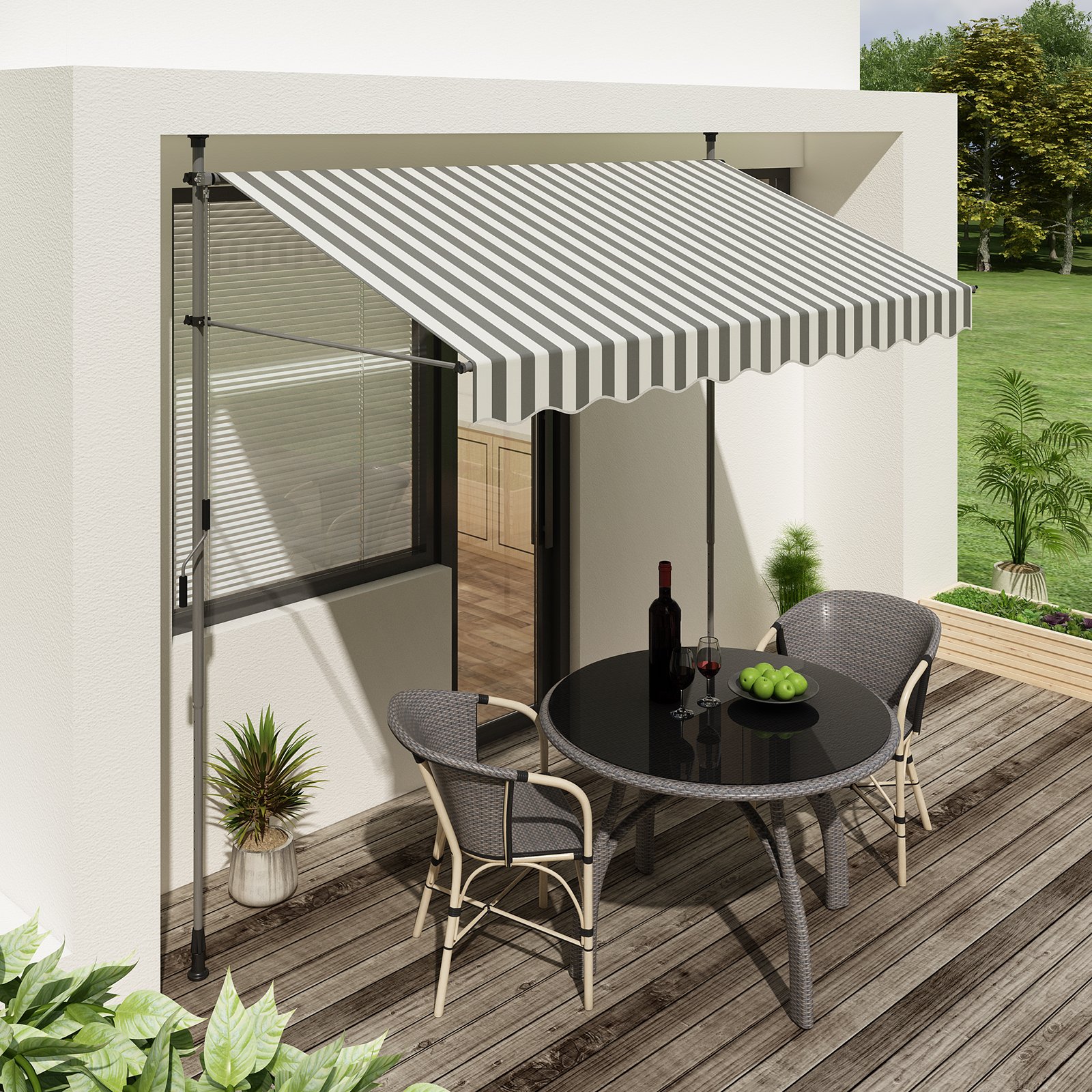 SONGMICS Klemmmarkise, 300 cm, Balkonmarkise, Sonnenschutz, Markise mit Gestell, Verstellbare Höhe 2-3 m, Grau-Weiß gestreift GSA313GW