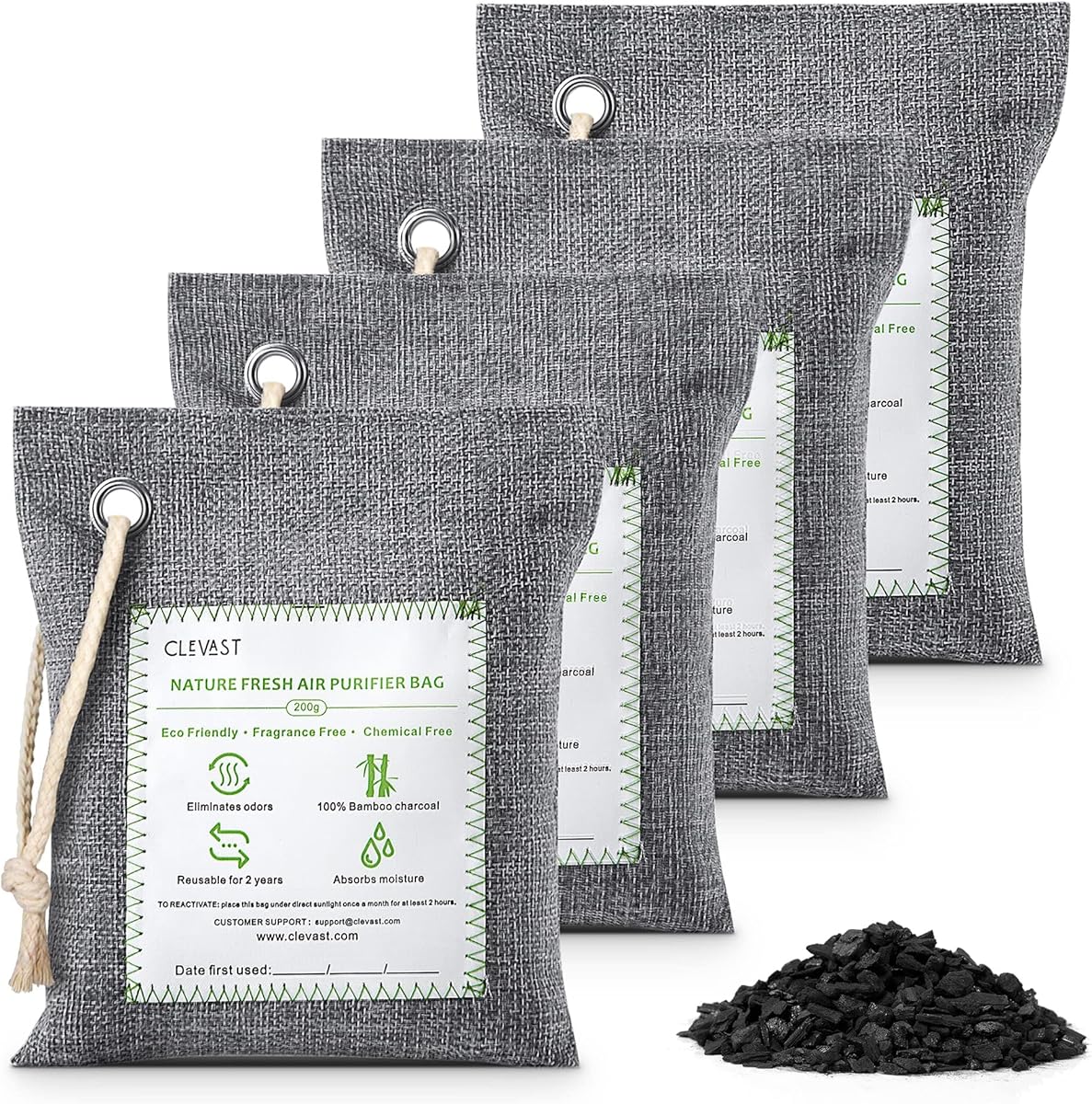 CLEVAST Bamboo Charcoal Air Purifying Bags (Large, 4×200g), Removes Odors and Moisture, Nature Fresh Air Purifier Bags, Odor Eliminator for Home, Car, Pets, Bathroom, Basement