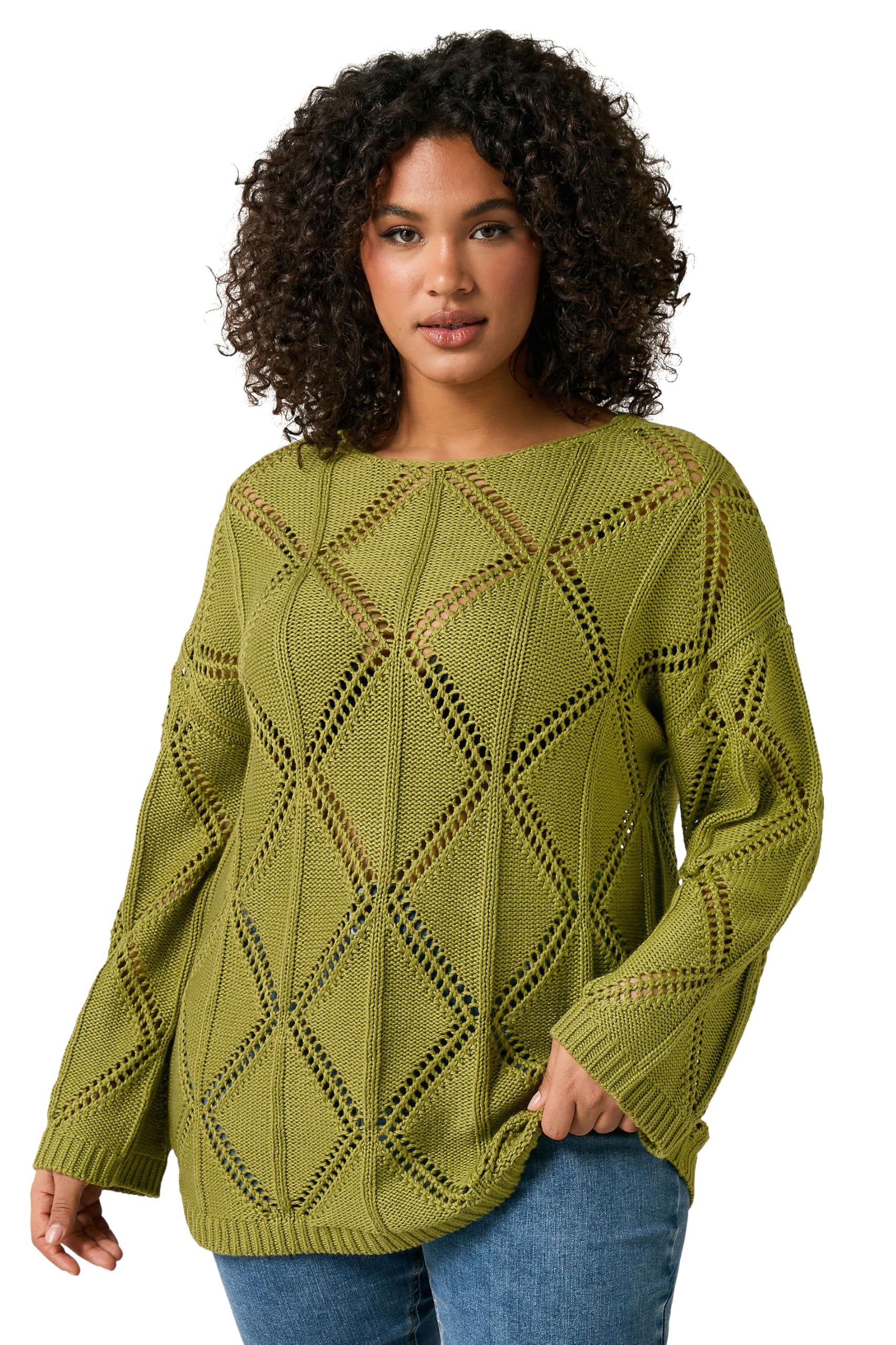 Evans Women's Olive Curve Green Diamond Pointelle Jumper - Plus Size Curve