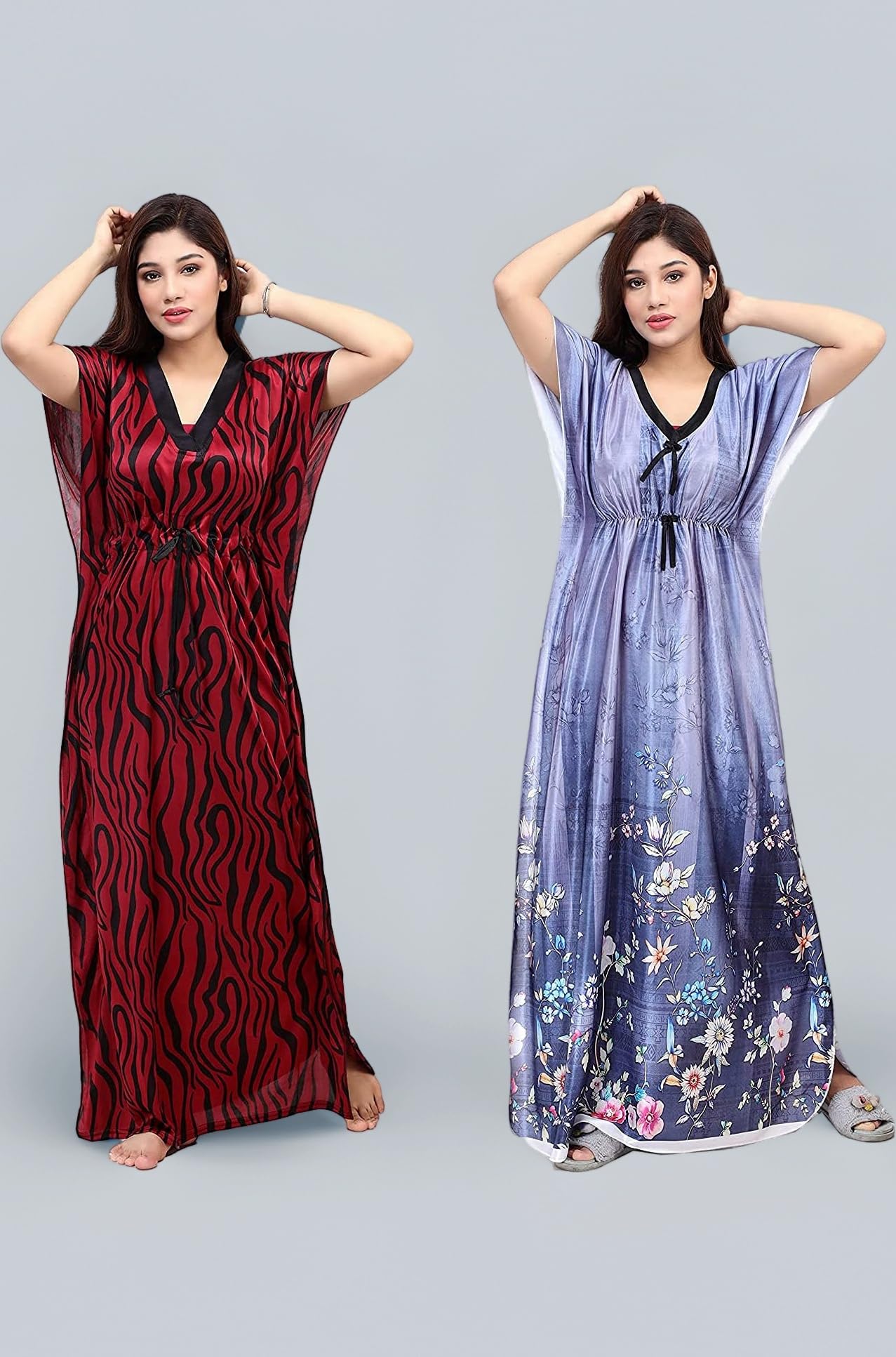 Women's Silk Geometric Print Maxi Kaftan Night Gown (Pack of 2)