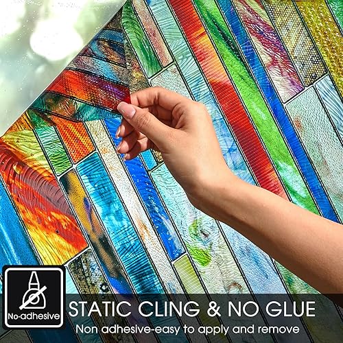 Miniatura 81 de Beautysaid Película de privacidad para ventana, vitral, prisma arco iris 3D, se adhiere a ventanas, bloqueo de calor, tinte para atrapasoles