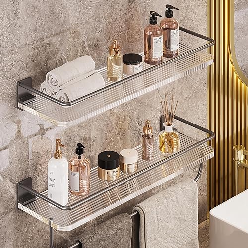 Onlysky Estantes de baño adhesivos, estantes flotantes de acrílico para baño, estante de pared apto para alquiler, sin taladros (gris, 15.7 pulgadas)