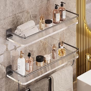 Onlysky Adhesive Bathroom Shelves, Acrylic Floating Bathroom Shelves, Rental Friendly Wall Shelf No DrillGrey, 15.7 Inches