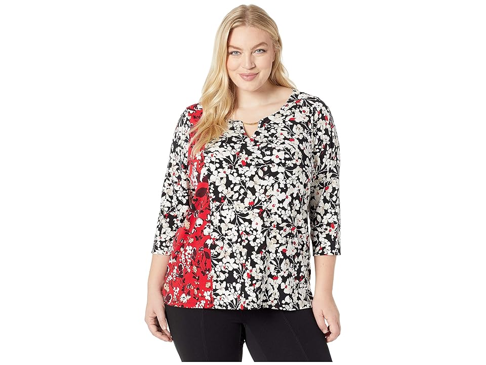 

Calvin Klein Plus Plus Size Printed 3/4 Sleeve with Hardware (Rouge Combo) Women's Clothing