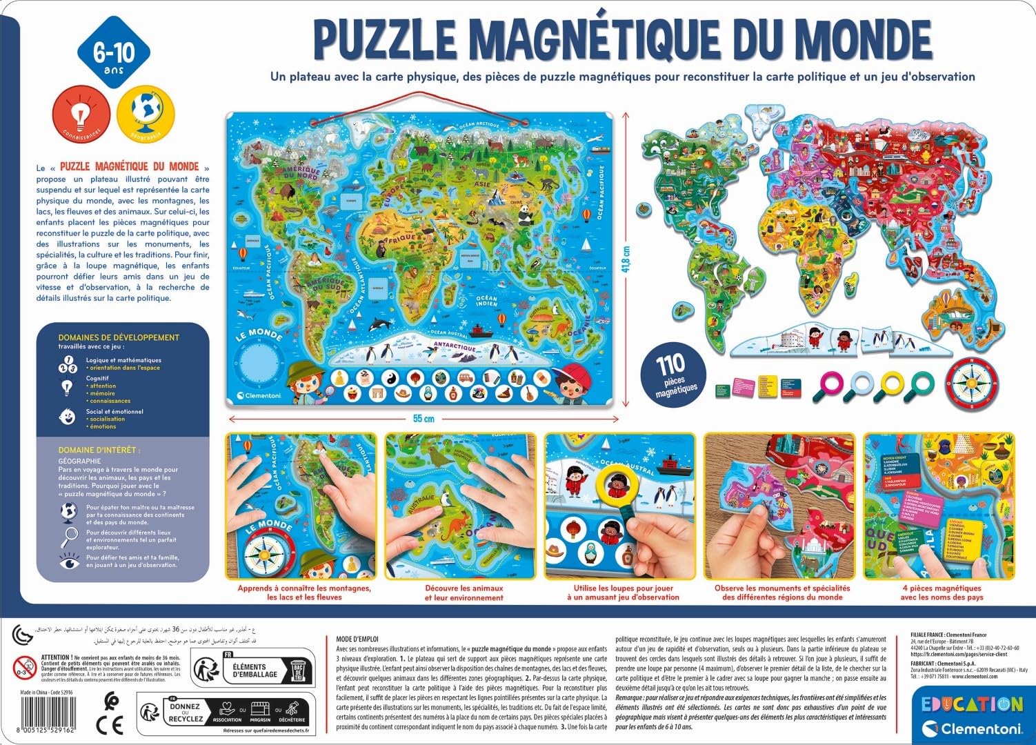 CLEMENTONI - Mon Puzzle Magnétique du Monde 4 Ans + - Planisphère Interactif - Découverte Animaux & Monuments - Jeu Éducatif Enfant
