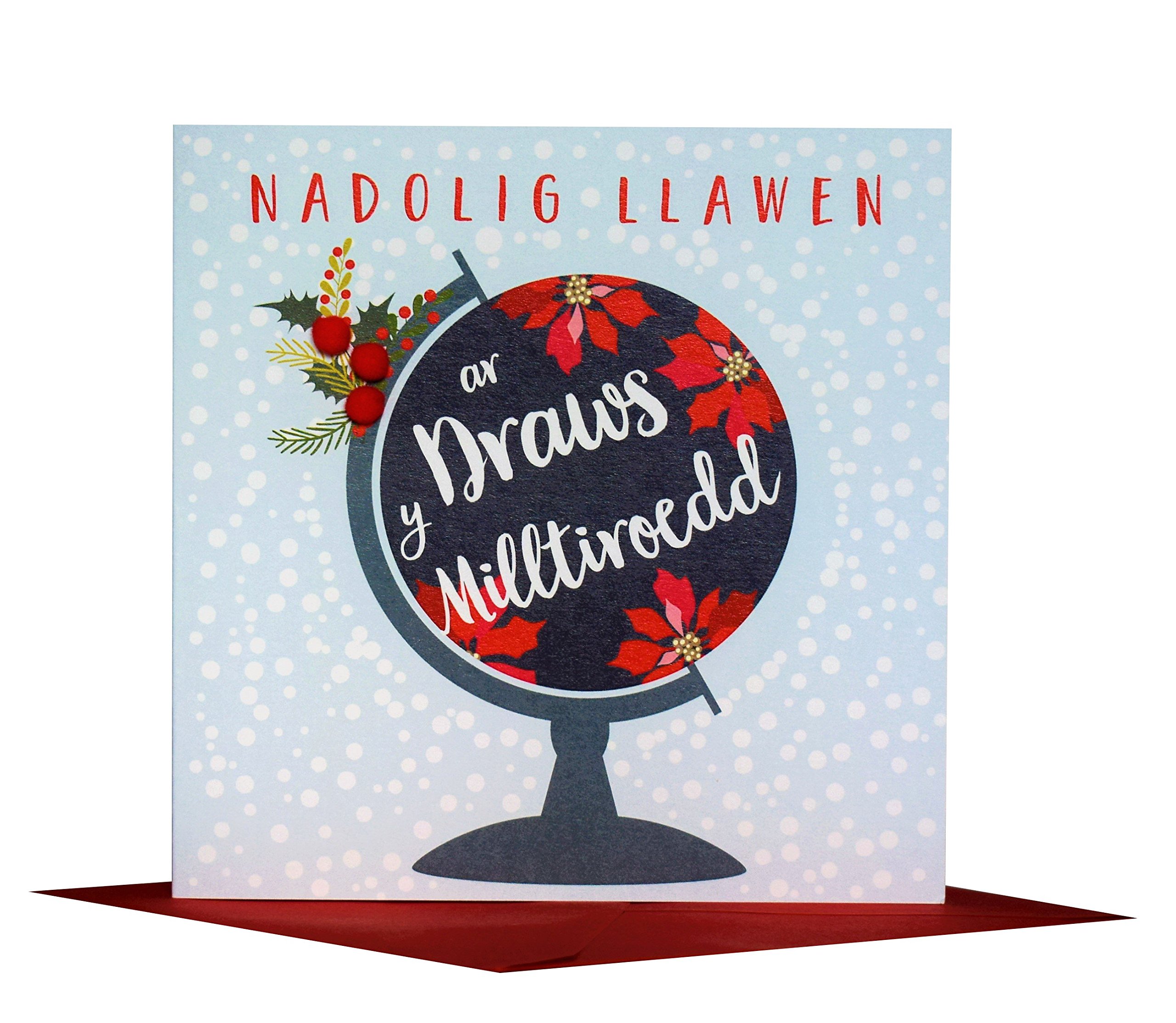 Claire Giles Greeting Cards, Welsh Happy Christmas Card, from Across The Miles, Nadolig Llawen, Embellished with Colourful Pompoms