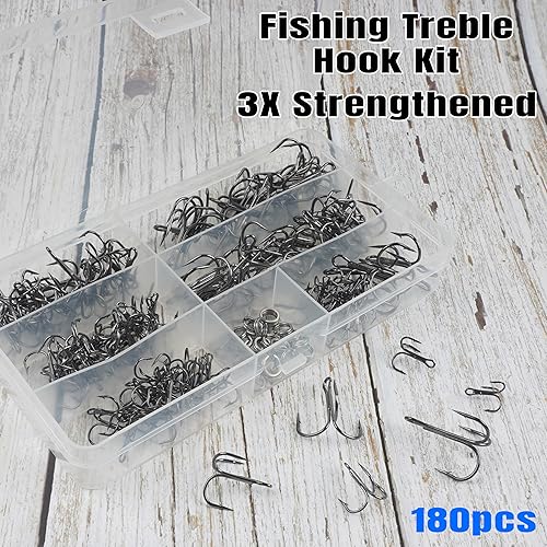 Miniatura 8 de Fishing Treble Hooks Kit, Red Treble Hooks Sharp Round Bend High Carbon Steel Strong Barbed Fishing Hooks with Stainless Steel Split Rings for Lures