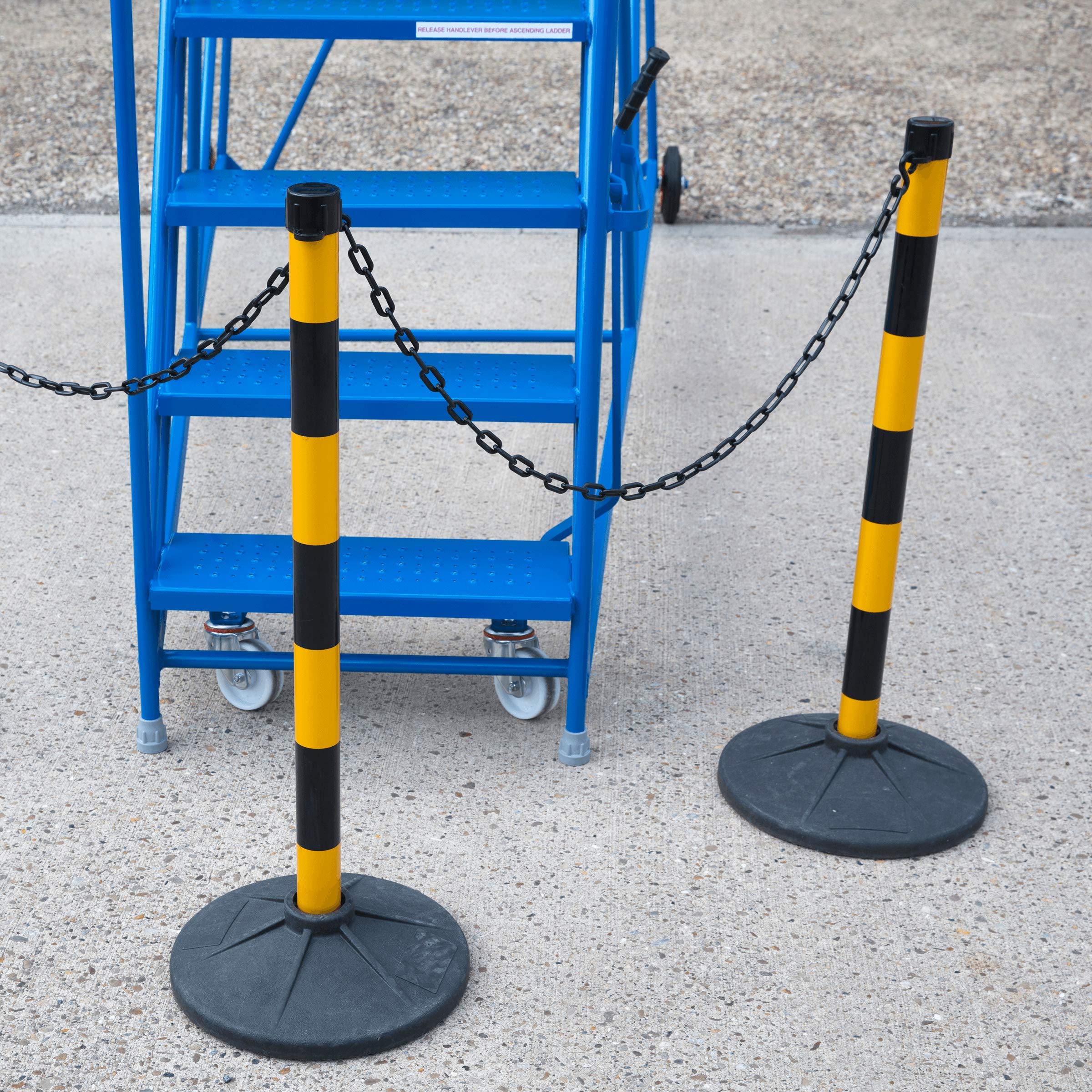 Post and Chain Link Barriers, Yellow & Black Plastic Free Standing